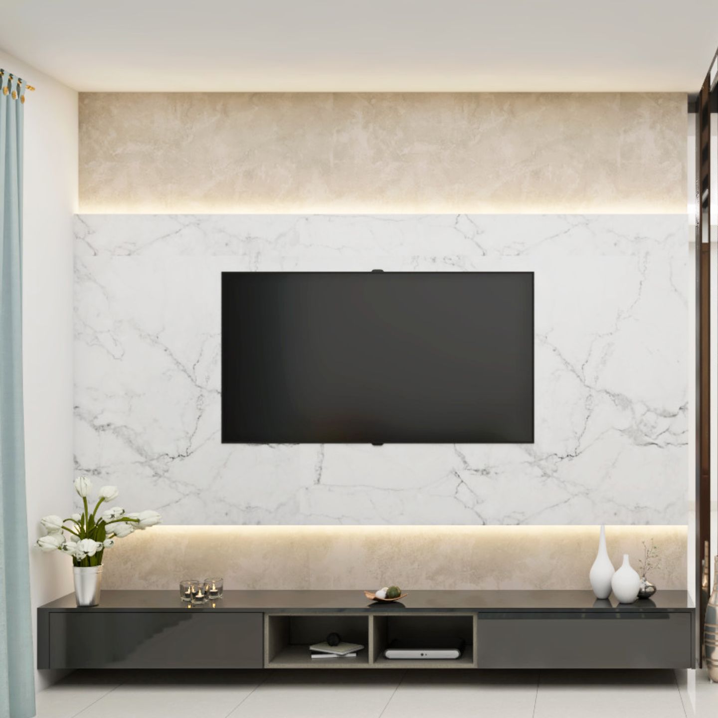 Compact TV Unit with Layered Backdrop Wall.