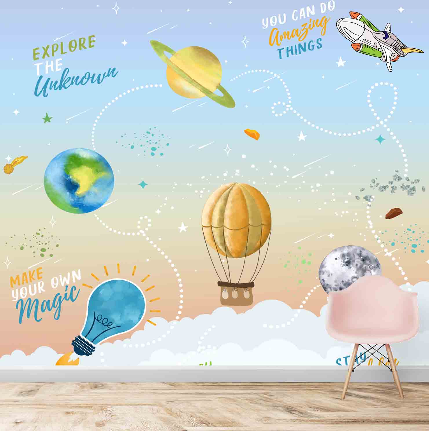 A close-up of a Space Theme with Motivational Quotes Kids Wallpaper, Customised Sparkla N Shine Series Space Design (Customised Size Wallpaper) with a finish available at Material Depot in Bangalore