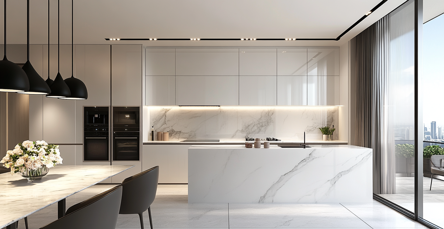 Spacious Elegance: Broad Kitchen Design with Striking Marble Backsplash and Modern Aesthetics | Material Depot