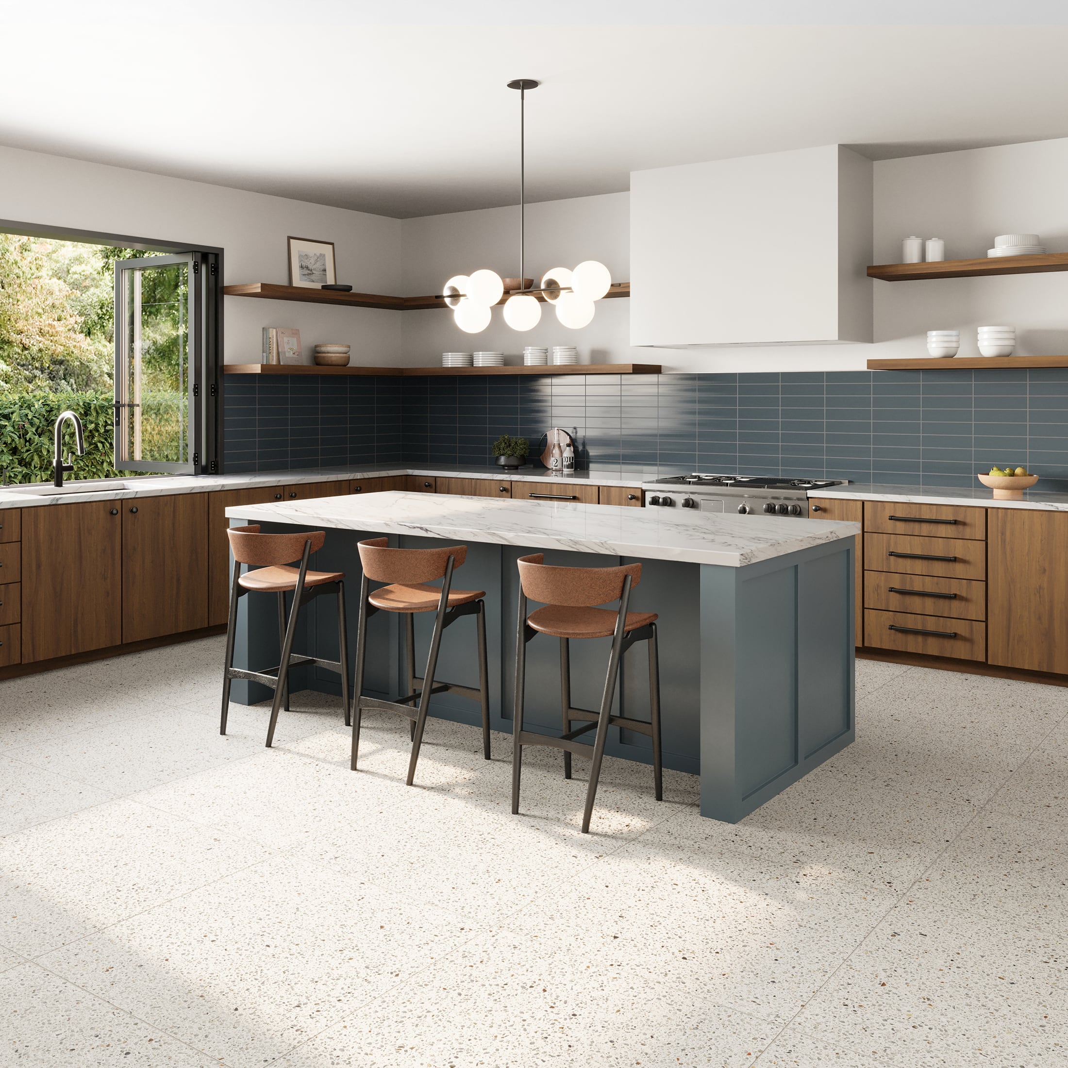 Spacious Modern Kitchen with Blue Tiled Backsplash, Terrazzo Floor, and Large Island | Material Depot