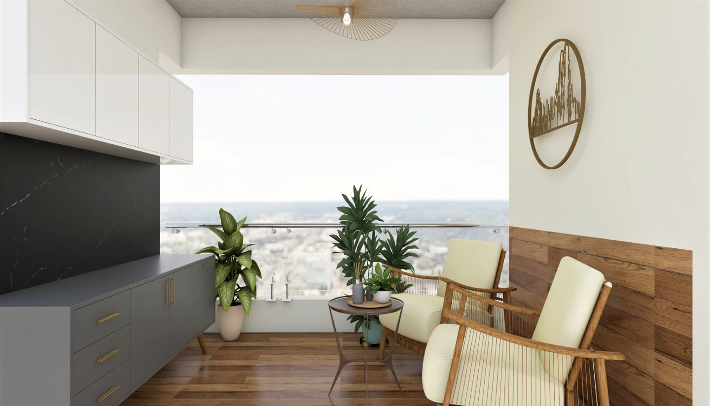 A kitchen with white cabinets, black countertop, wooden chairs, plants, and a large window with city view.