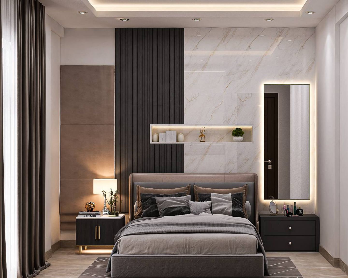 A large bedroom with a marble wall, a bed with gray sheets, and wooden nightstands