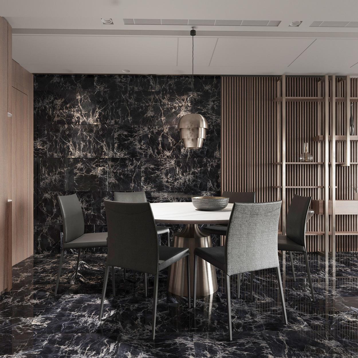 Dining area with black marble and brown louvers