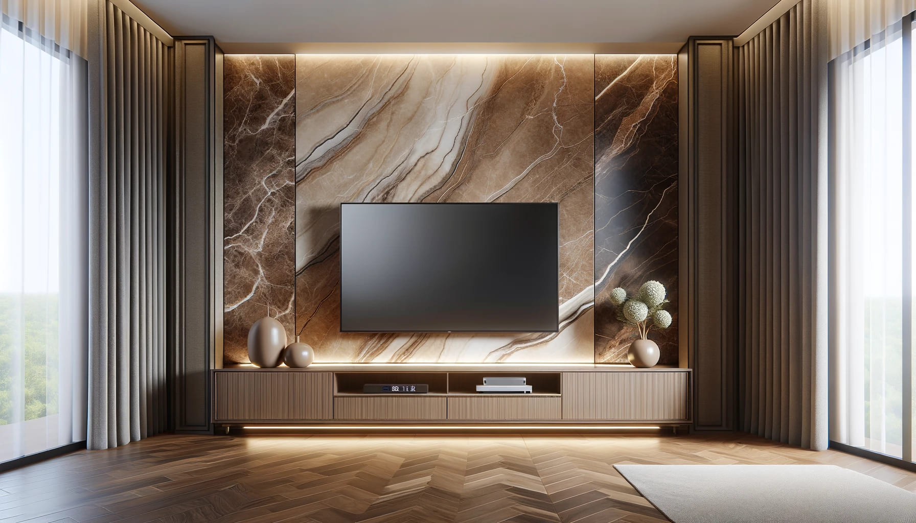 Stately Modern Media Room with Rich Marble and Wooden Tones | Material Depot