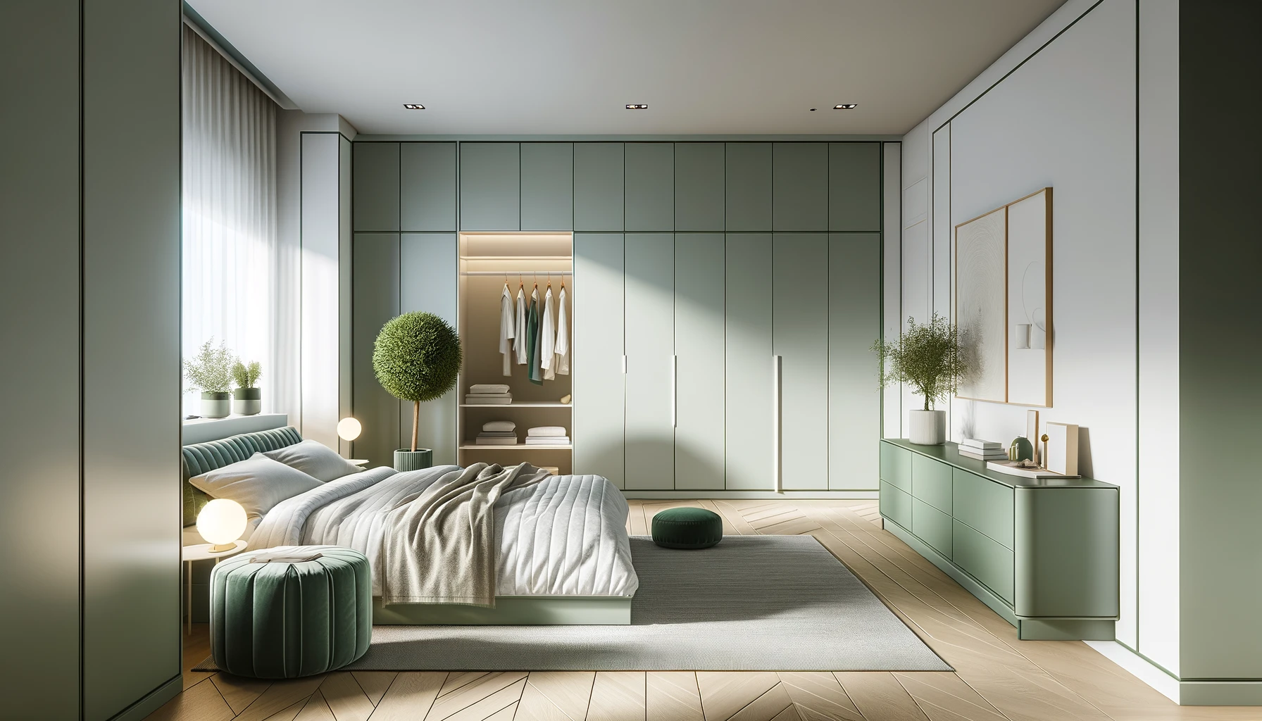 Streamlined Bedroom Oasis with Lush Green Tones and Natural Light | Material Depot