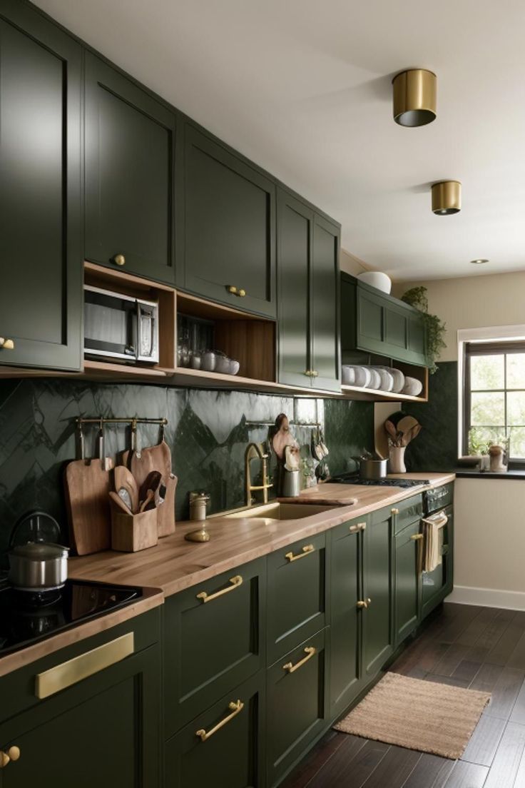 Stylish and Functional Kitchen Design Featuring Rich Green Cabinets and Natural Wood Accents | Material Depot