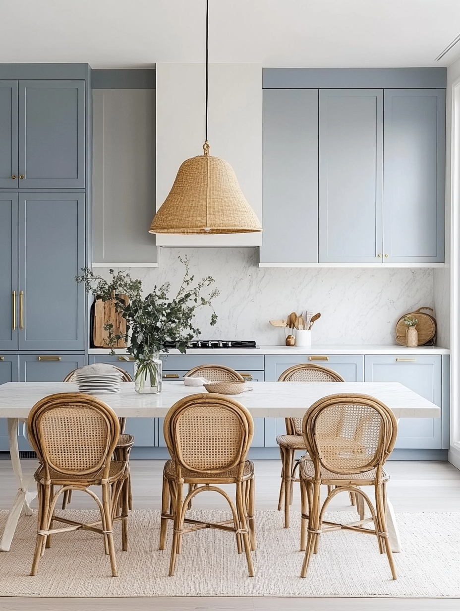 Stylish Blue Kitchen Featuring Elegant Lighting and Functional Design for Everyday Cooking | Material Depot