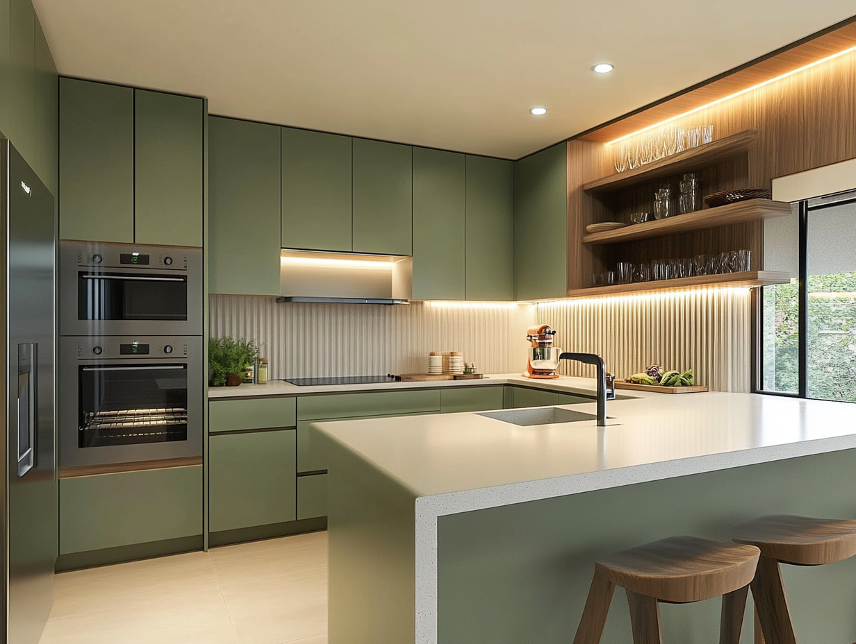 Stylish Green Kitchen with Wood Accents and Modern Design | Material Depot