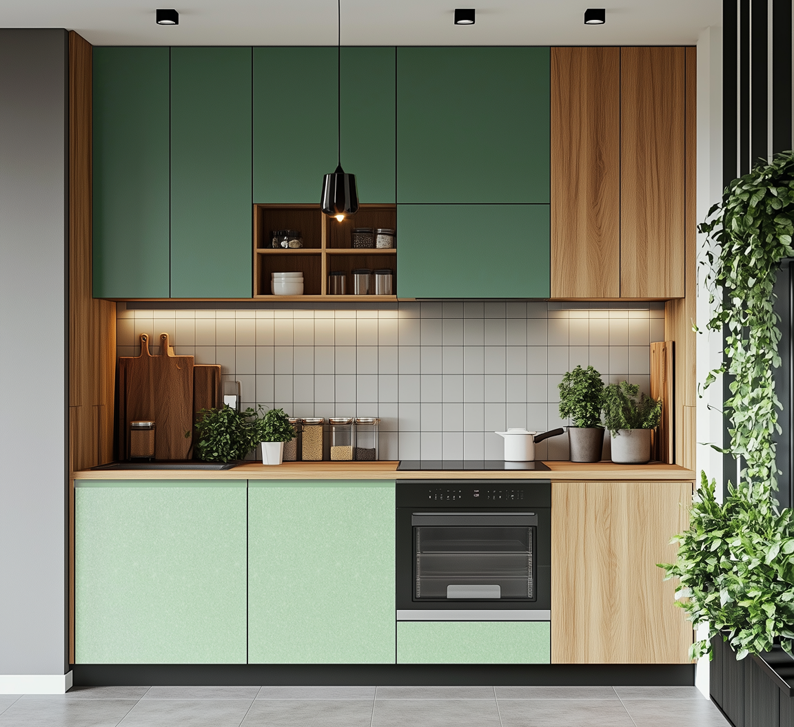 Stylish Green and Wood Laminate Kitchen Cabinets for a Contemporary Space | Material Depot