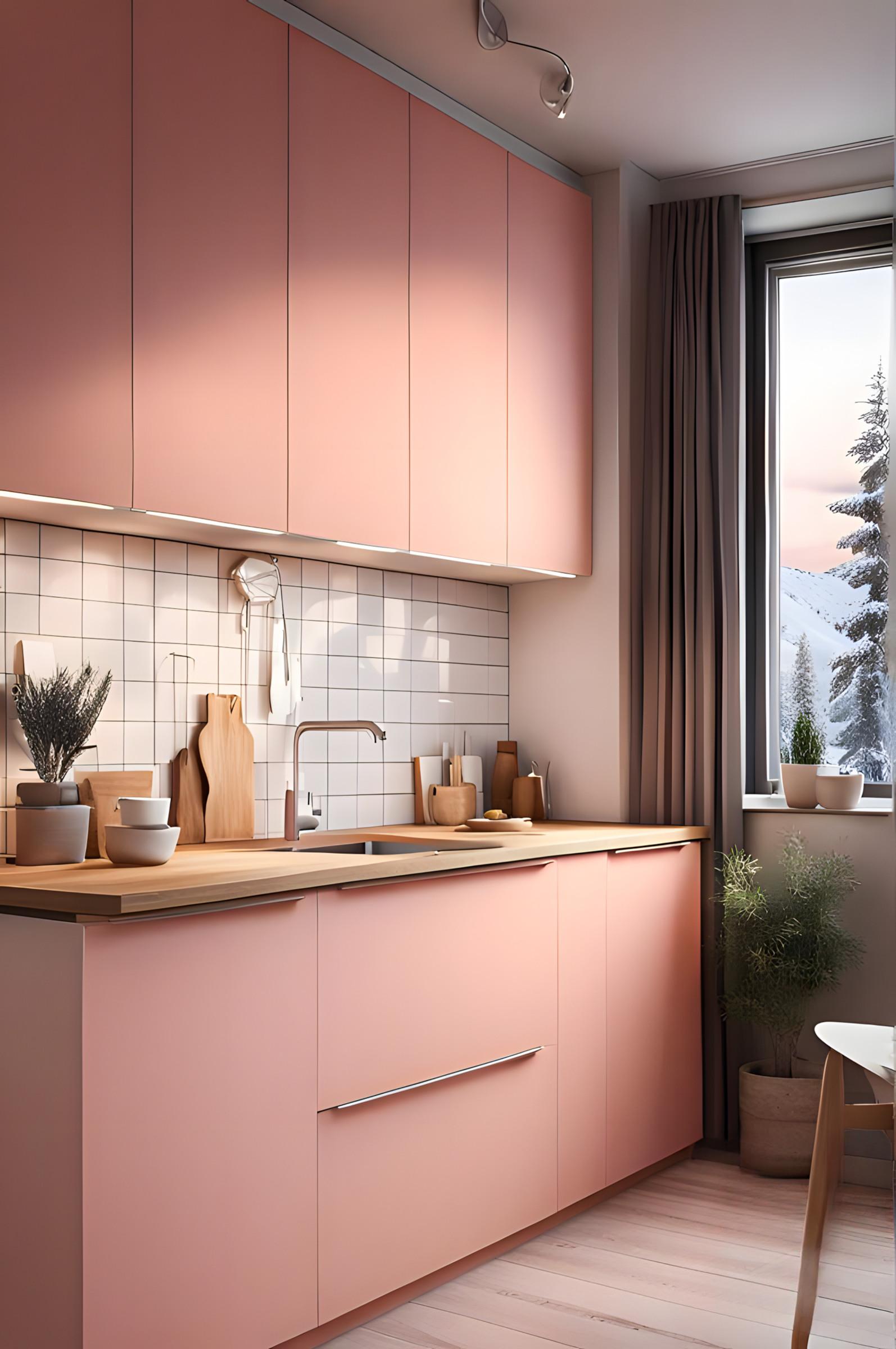 Stylish Kitchen Featuring Pink Laminate Cabinets And Wooden Elements | Material Depot