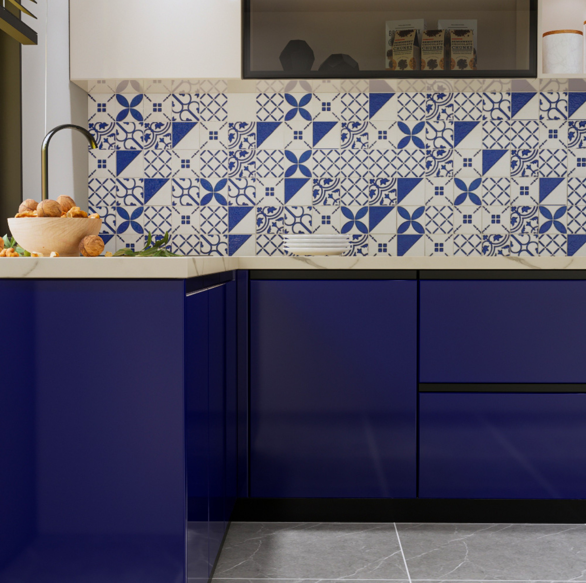 Stylish Kitchen with Deep Blue Cabinets and Patterned Blue & White Backsplash | Material Depot