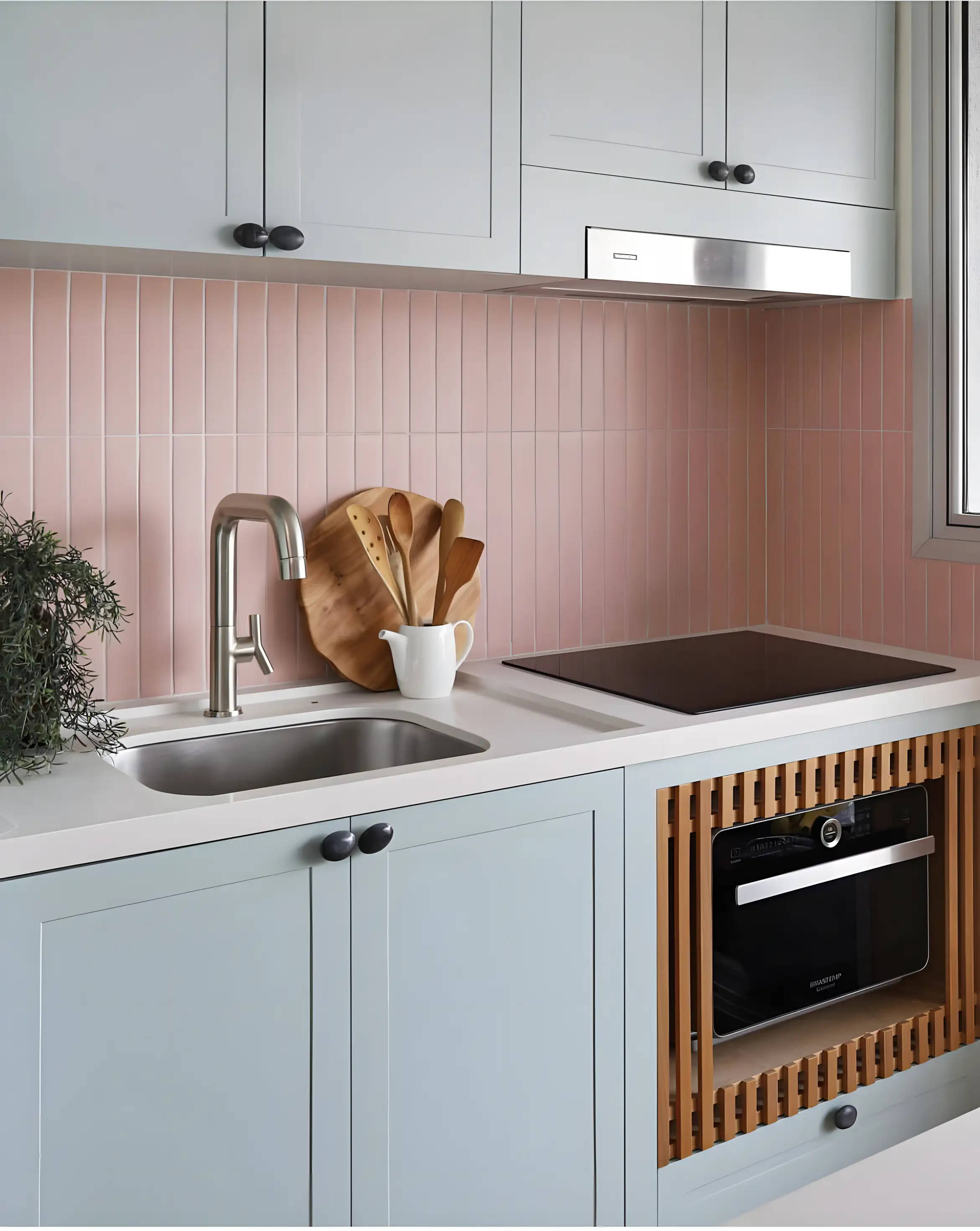 Stylish Kitchen with Pastel Green Cabinets and Pink Subway Tiles | Material Depot