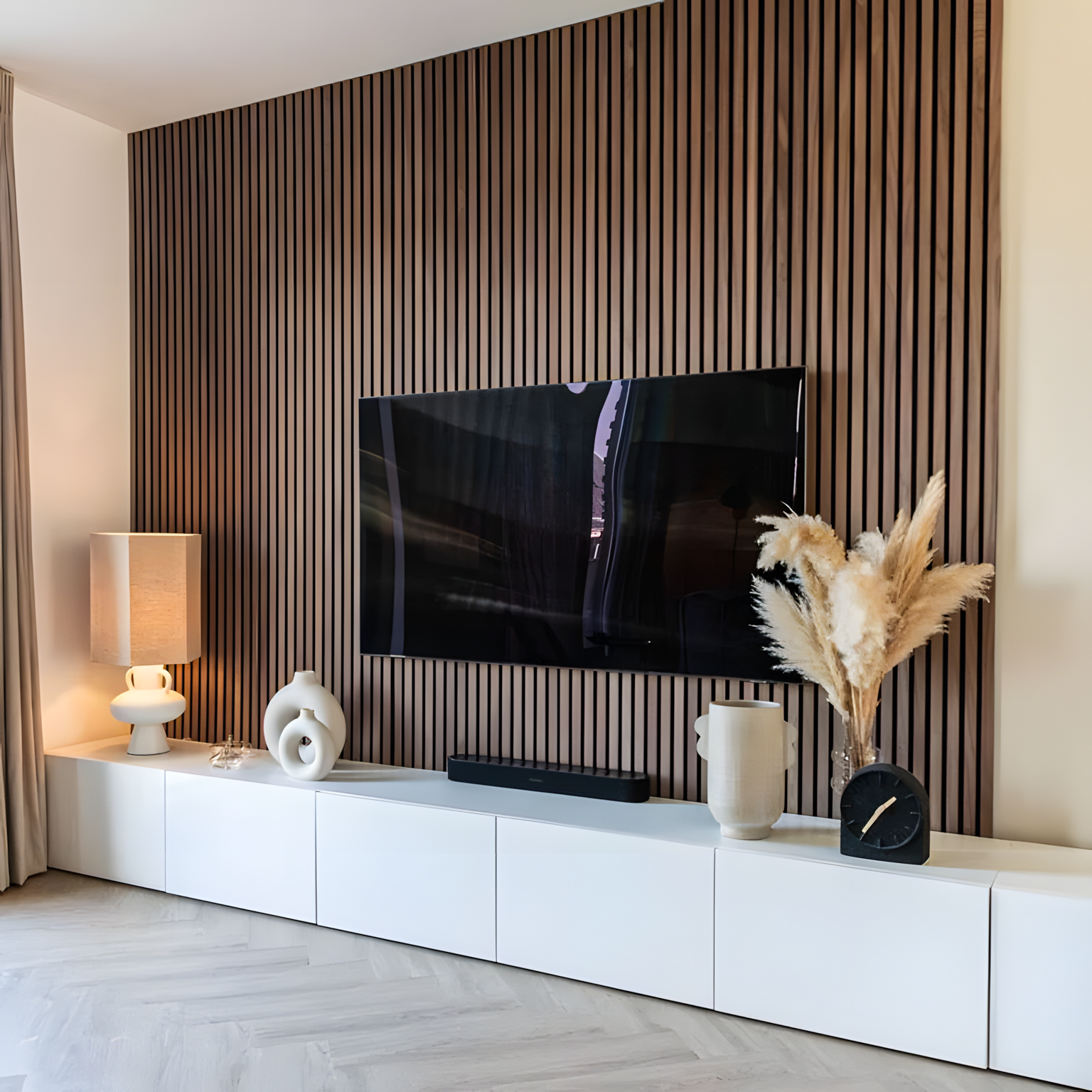 Stylish TV Unit with Wood-Paneled Accent Wall and Neutral Decor | Material Depot