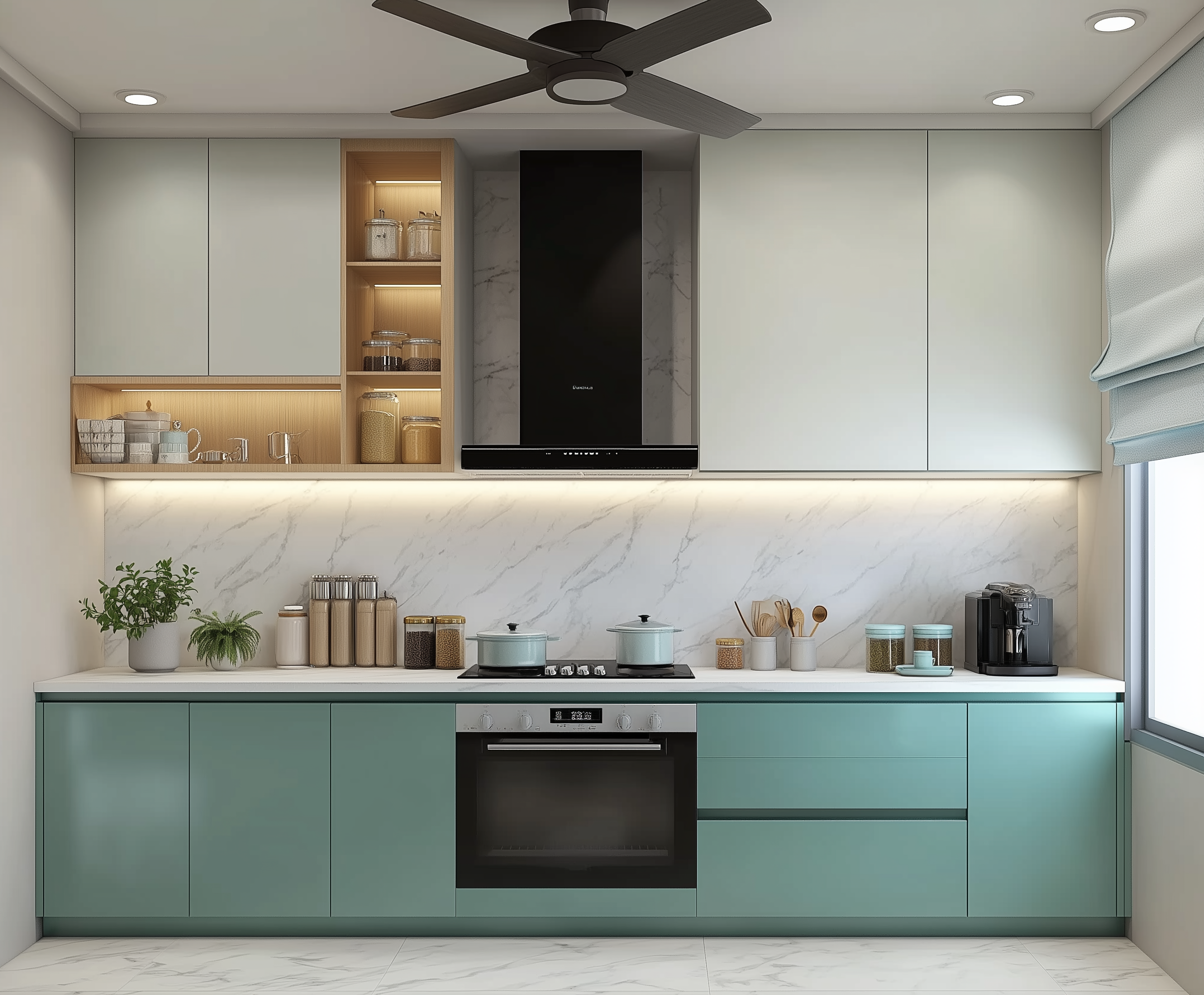 Stylish Teal Kitchen with Marble Highlights and Natural Wood Accents | Material Depot