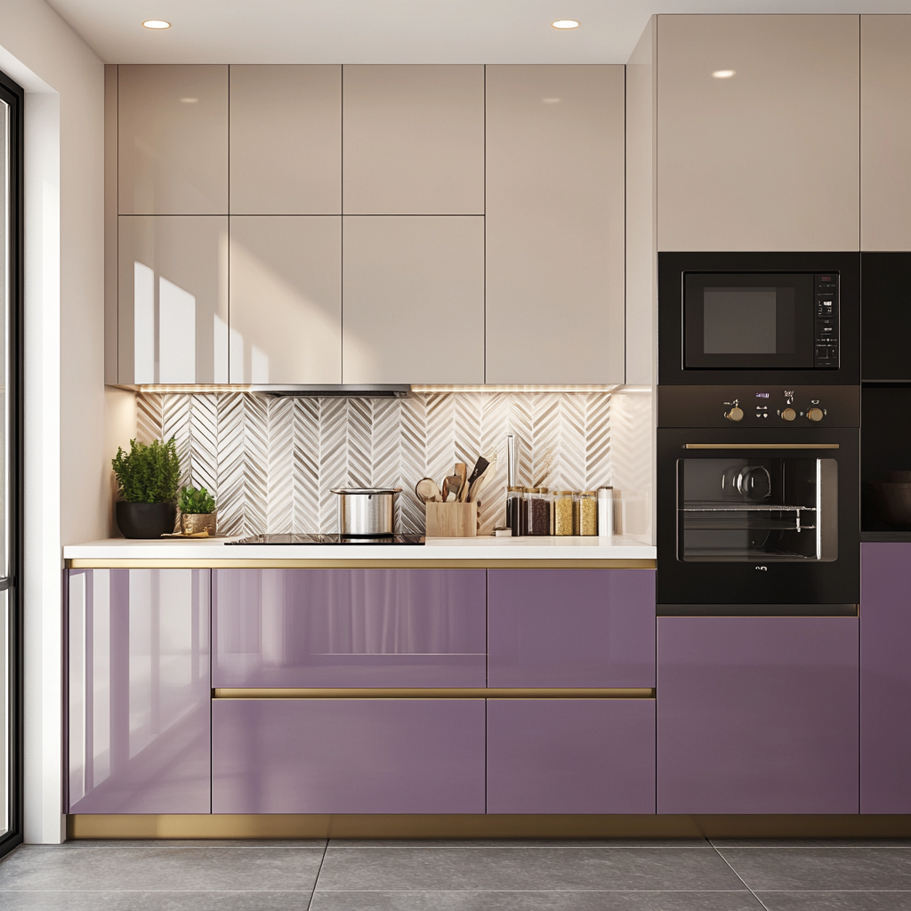 Stylish Two-Toned Kitchen with Herringbone Tile Backsplash and Gold Accents | Material Depot