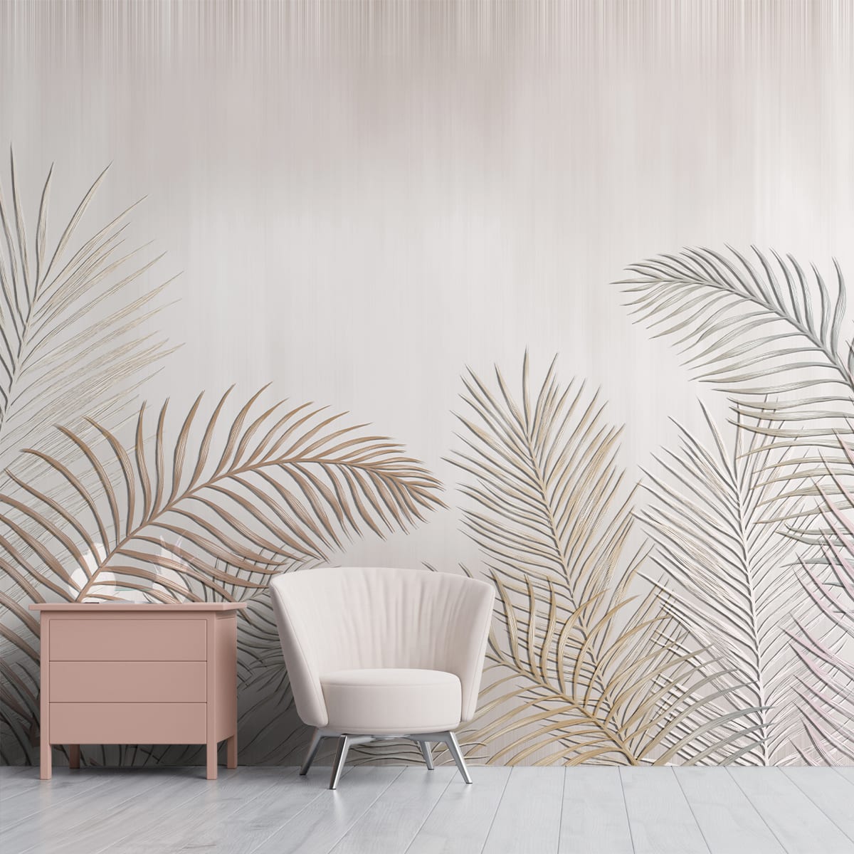 A close-up of a Tropical Leaves in Subtle Background Wallpaper Design Indrani Series Soft Feel Tropical Design (Customised Size Wallpaper )available at Material Depot in Bangalore