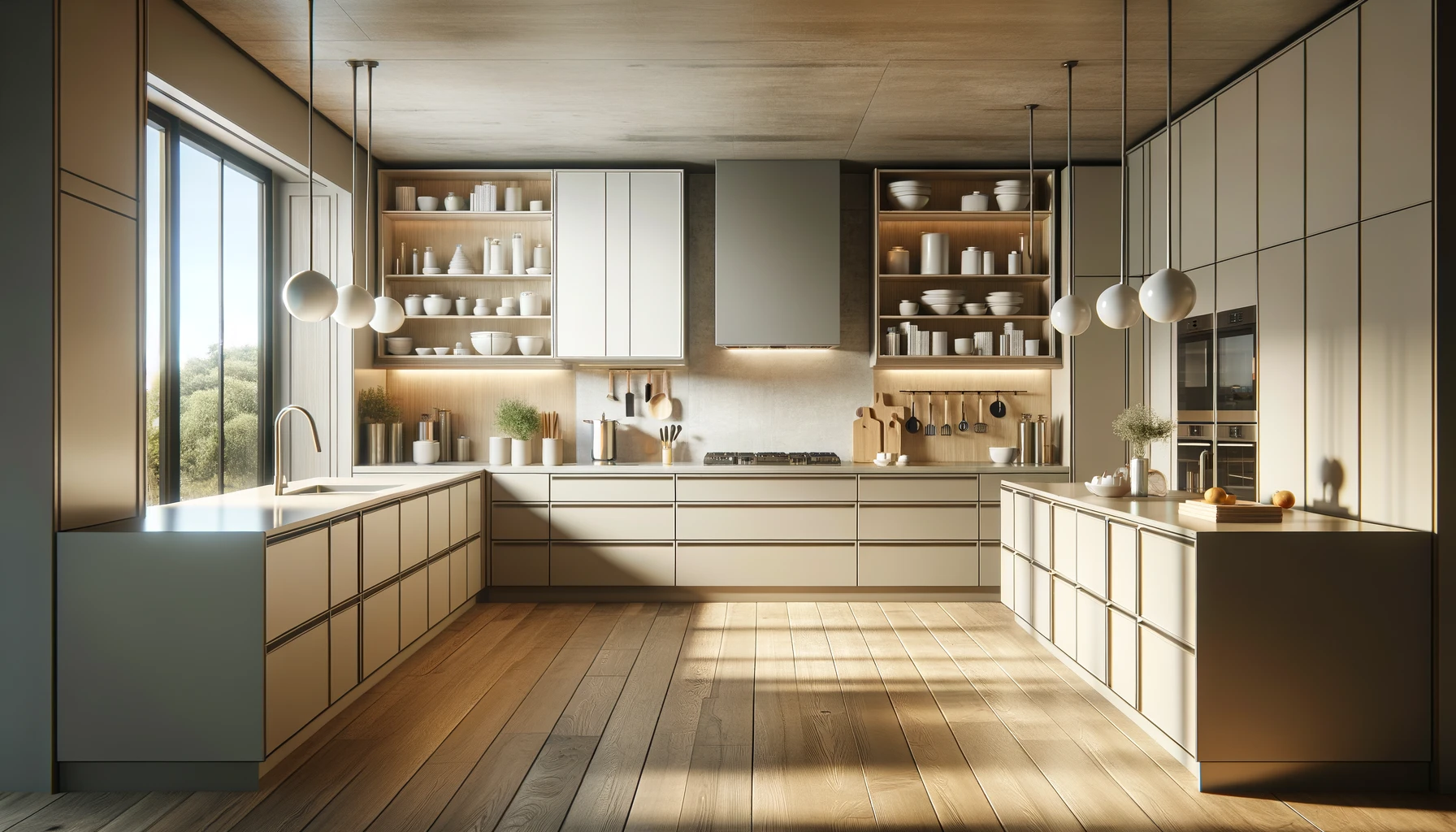 Sun-Drenched Modern Kitchen with Neutral Palette and Open Shelving | Material Depot