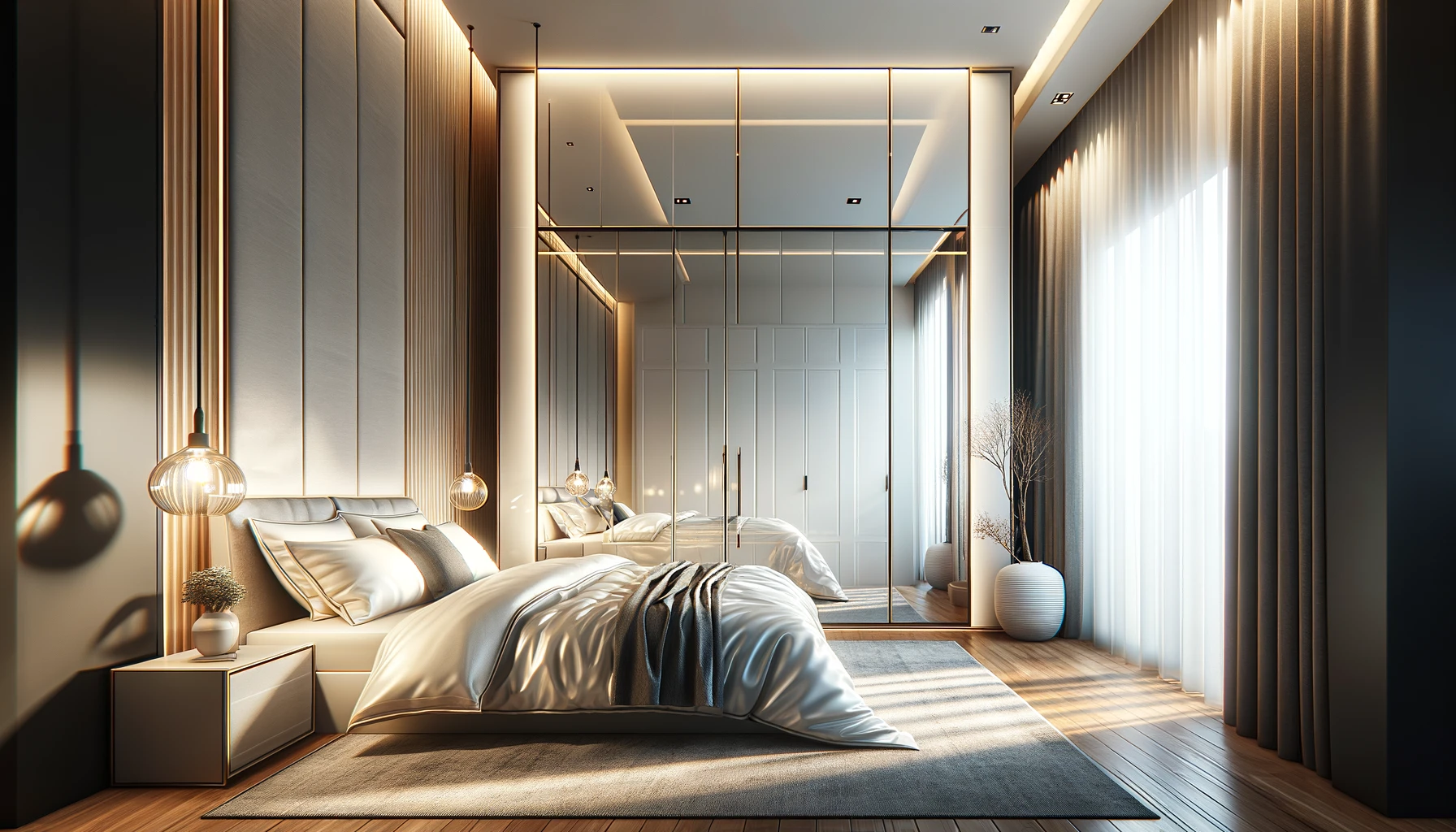 Sun-Kissed Modern Bedroom with Reflective Surfaces and Chic Lighting | Material Depot