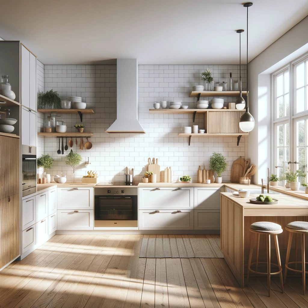 Sunlit Scandinavian Kitchen: Airy, Natural Wood Meets Crisp White Tiles | Material Depot