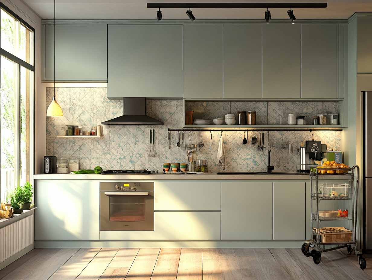 Sunlit Scandinavian Kitchen with Soft Pastel Cabinets and Mosaic Backsplash | Material Depot