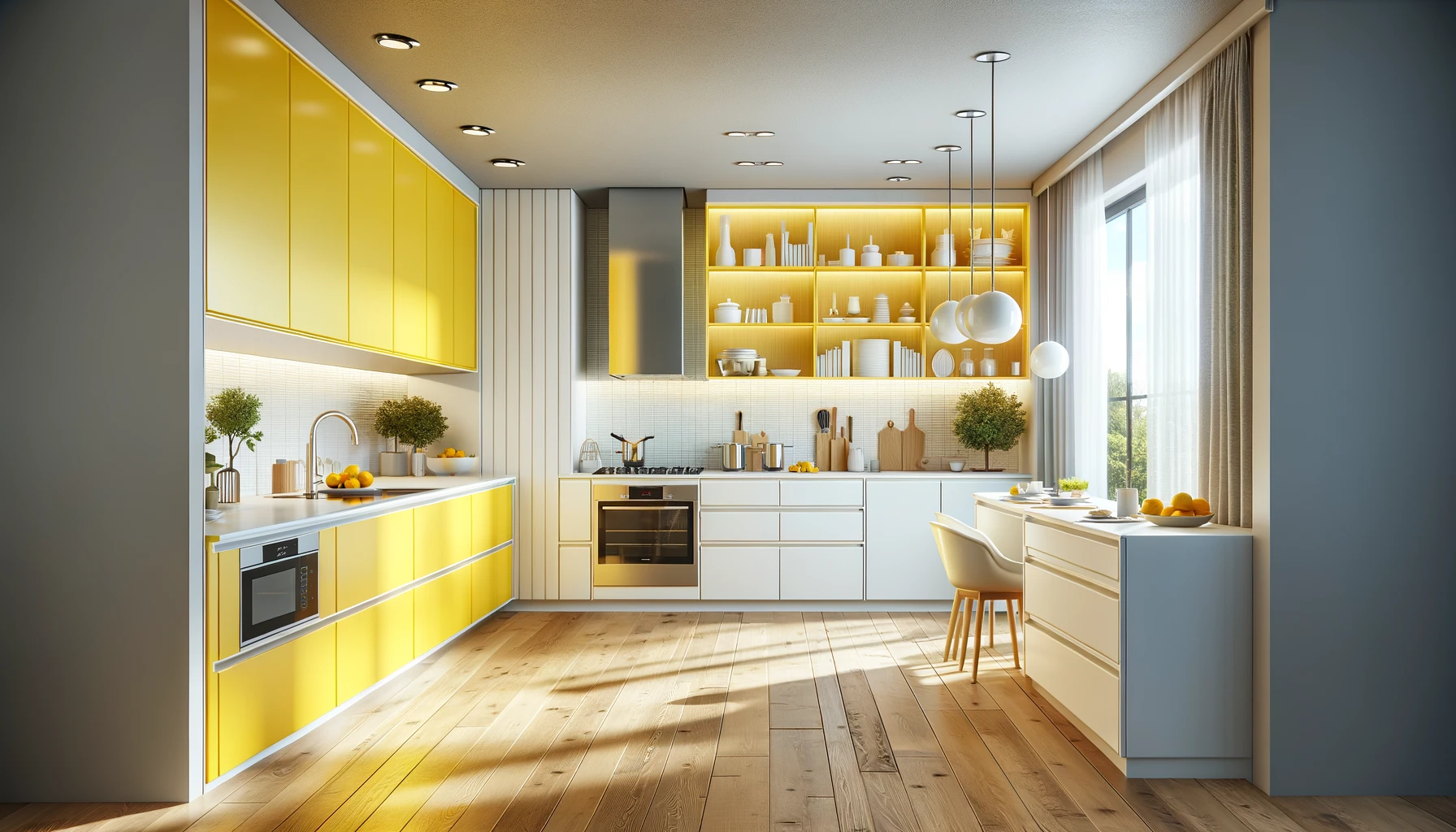 Sunny Modern Kitchen with Vibrant Accents and Natural Wood Flooring | Material Depot