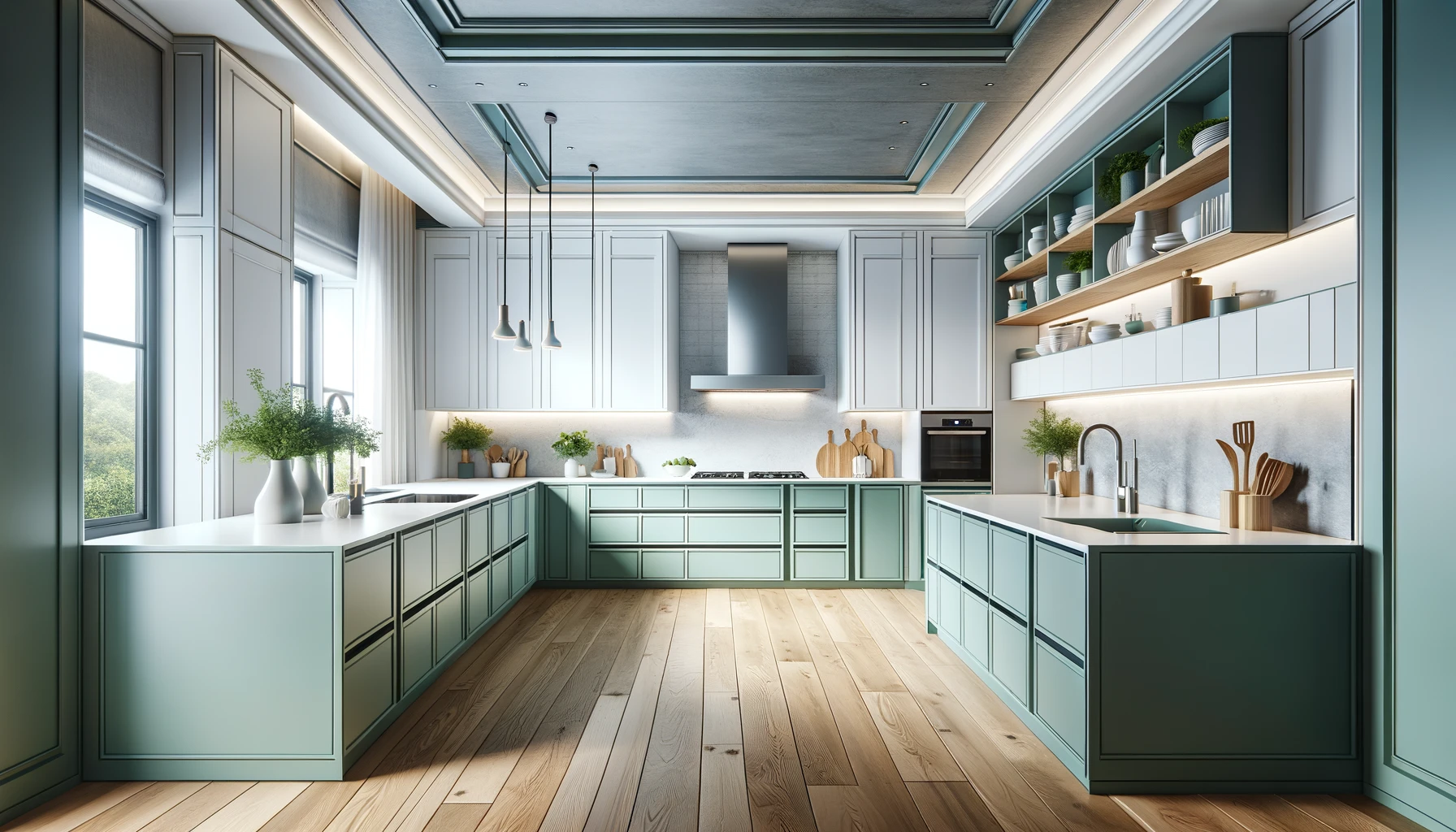 Teal Modern Kitchen with Duck Egg Cabinets and Natural Wood | Material Depot