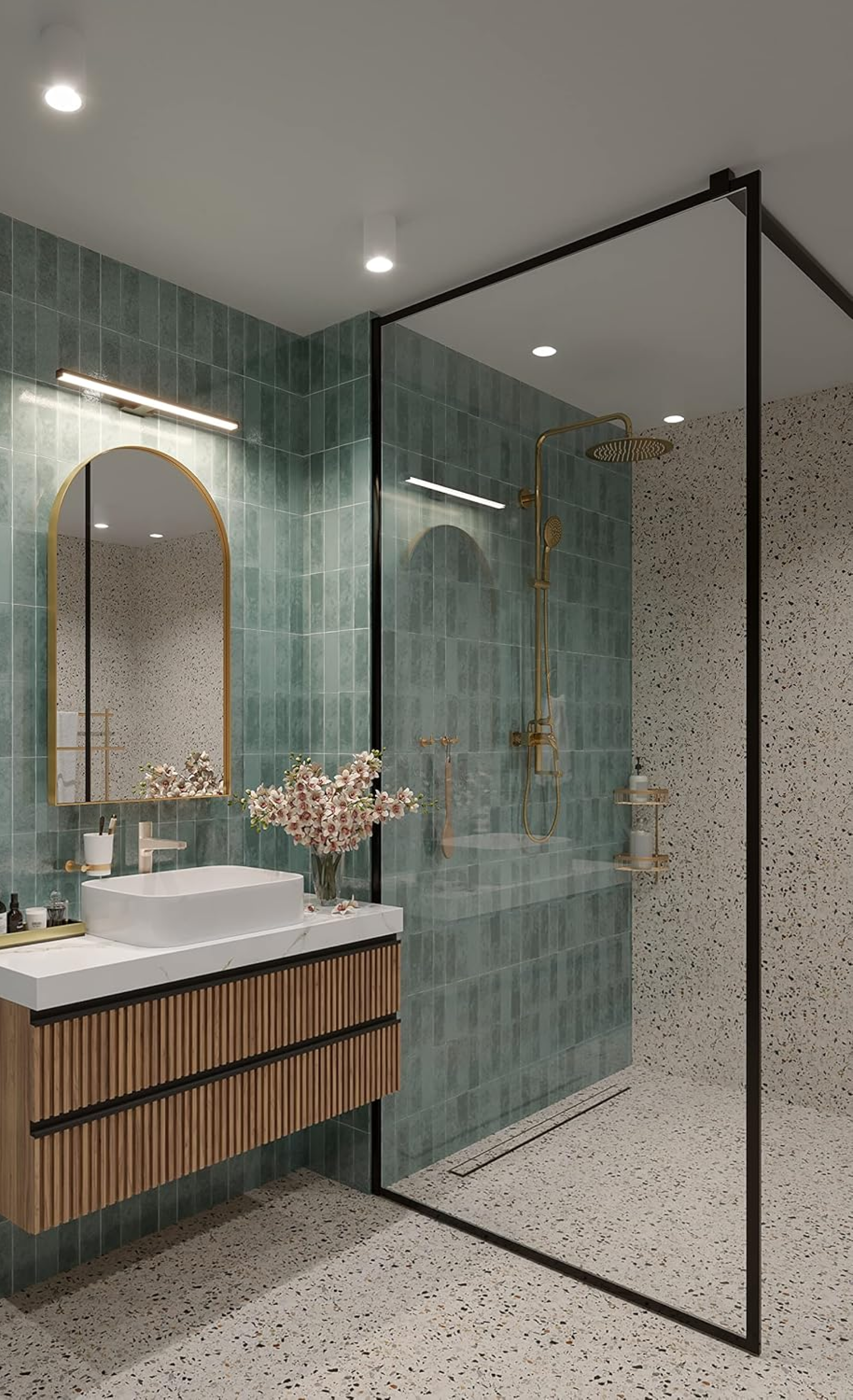 Modern Terrazzo and Green Tile Bathroom with Gold Fixtures | Material Depot