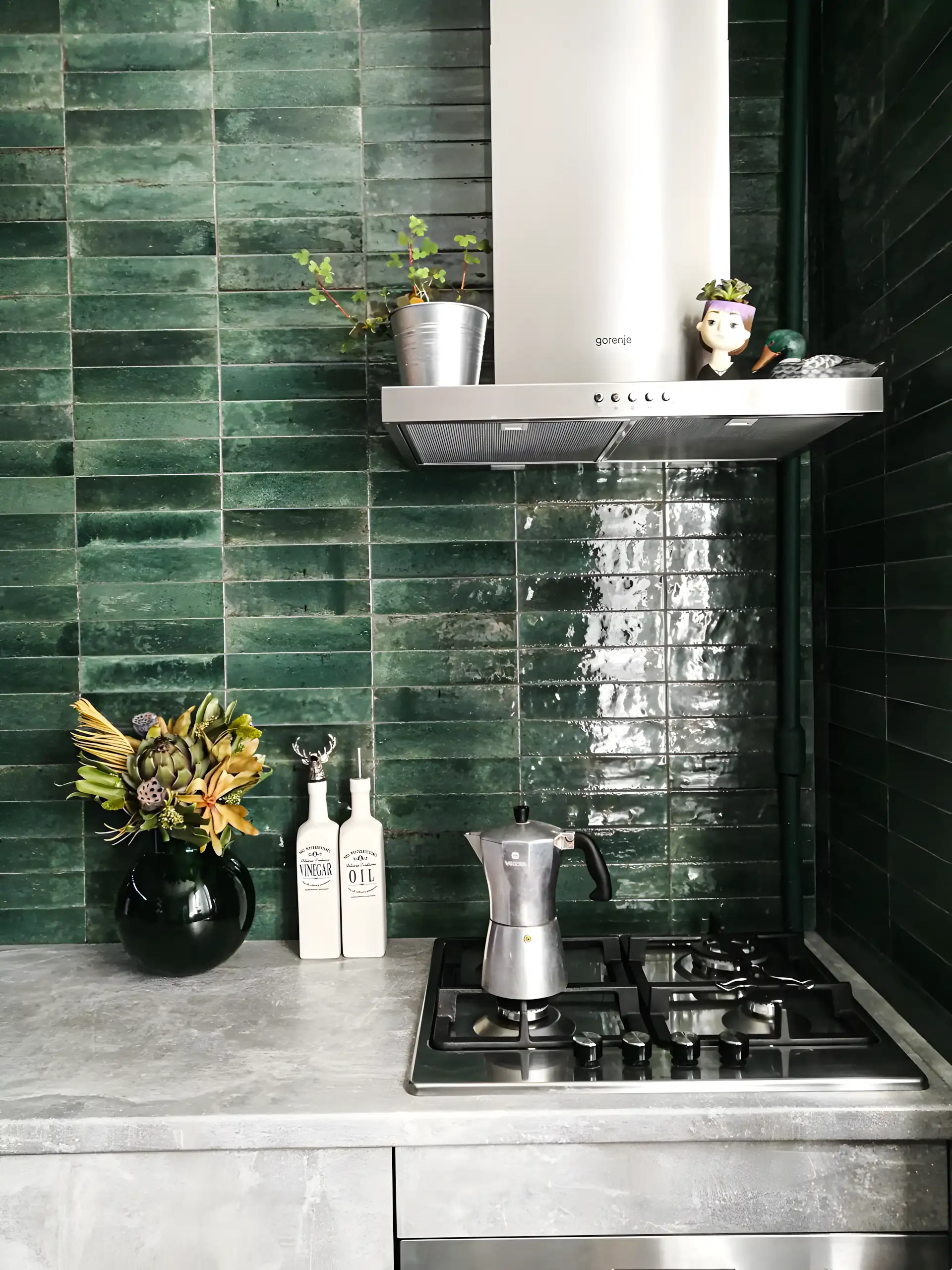 Textured Green Tiles with Concrete Countertop Kitchen | Material Depot