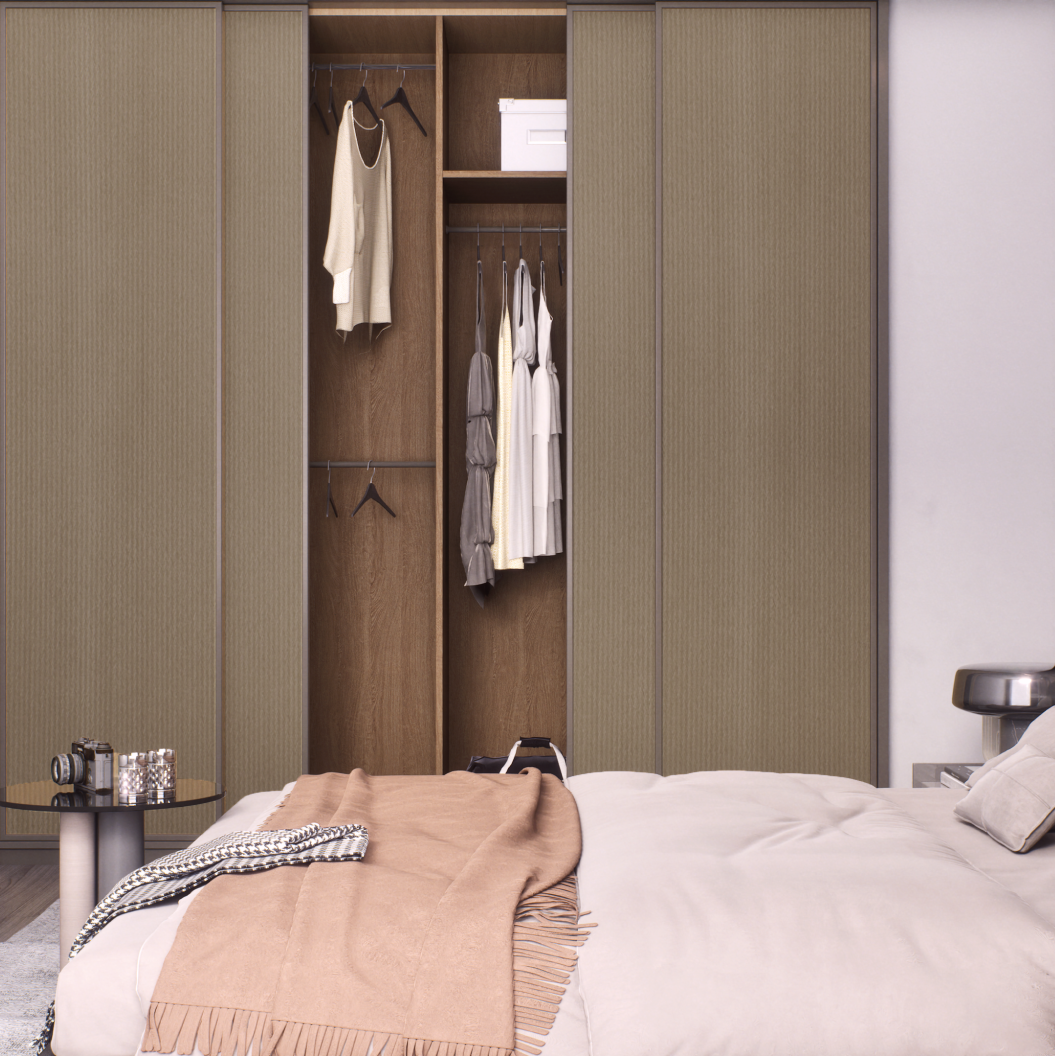 Textured Wooden Laminate Sliding Wardrobe for Cozy Bedroom Design | Material Depot