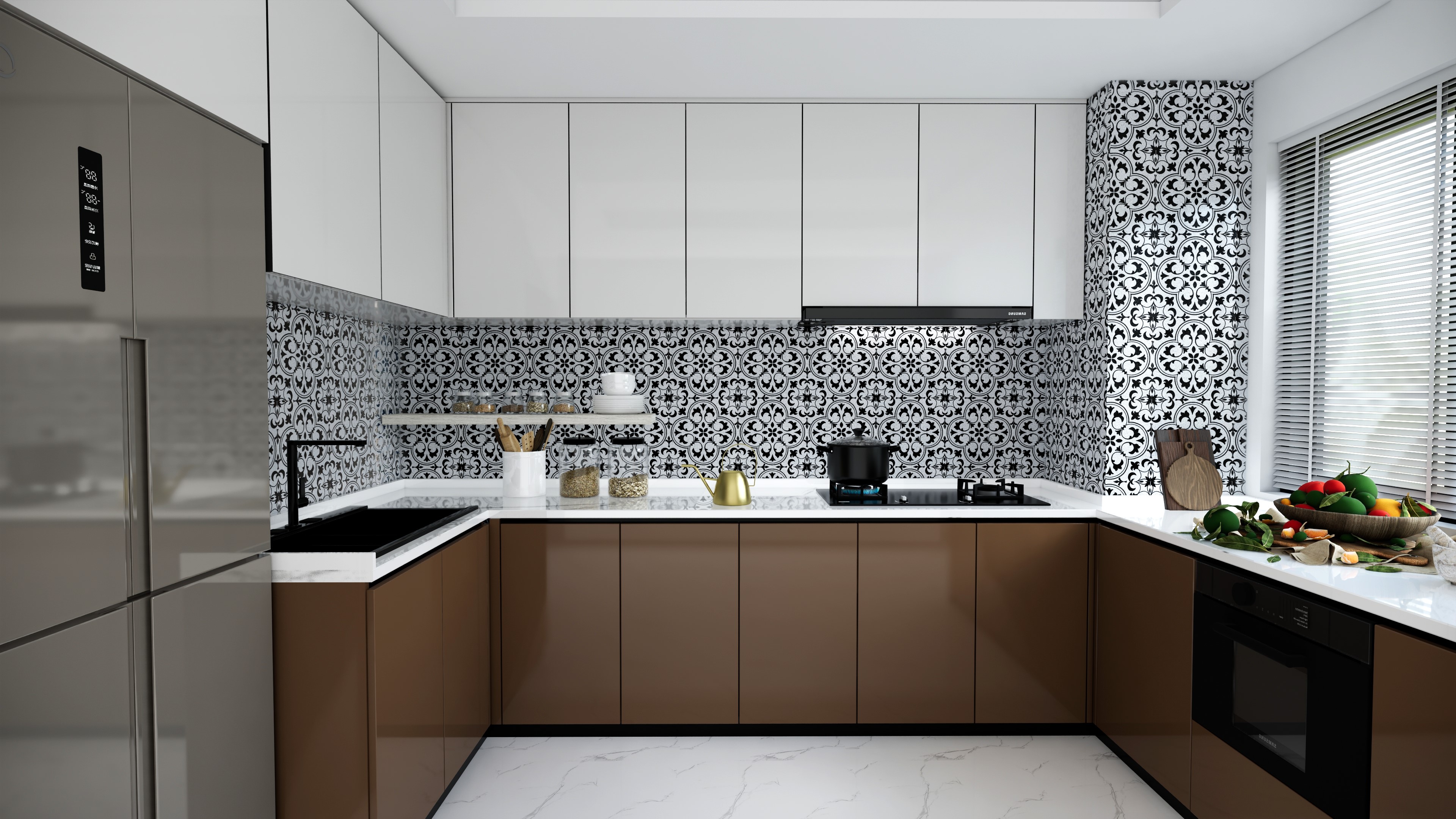 Timeless Kitchen with Brown Laminate Cabinets and Moroccan Patterned Tiles | Material Depot