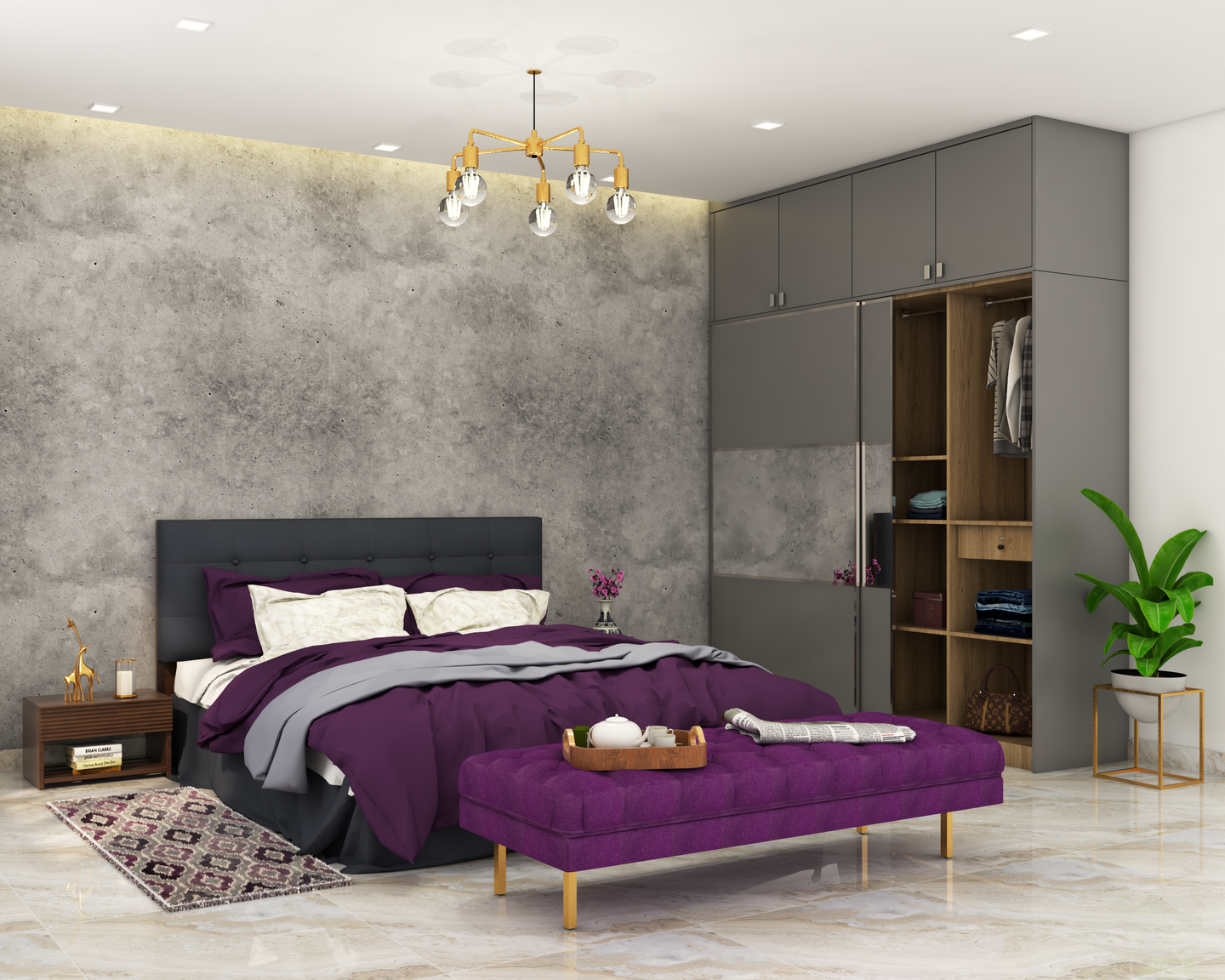 Classic Master Bedroom: Purple, Grey, and Marble Elegance