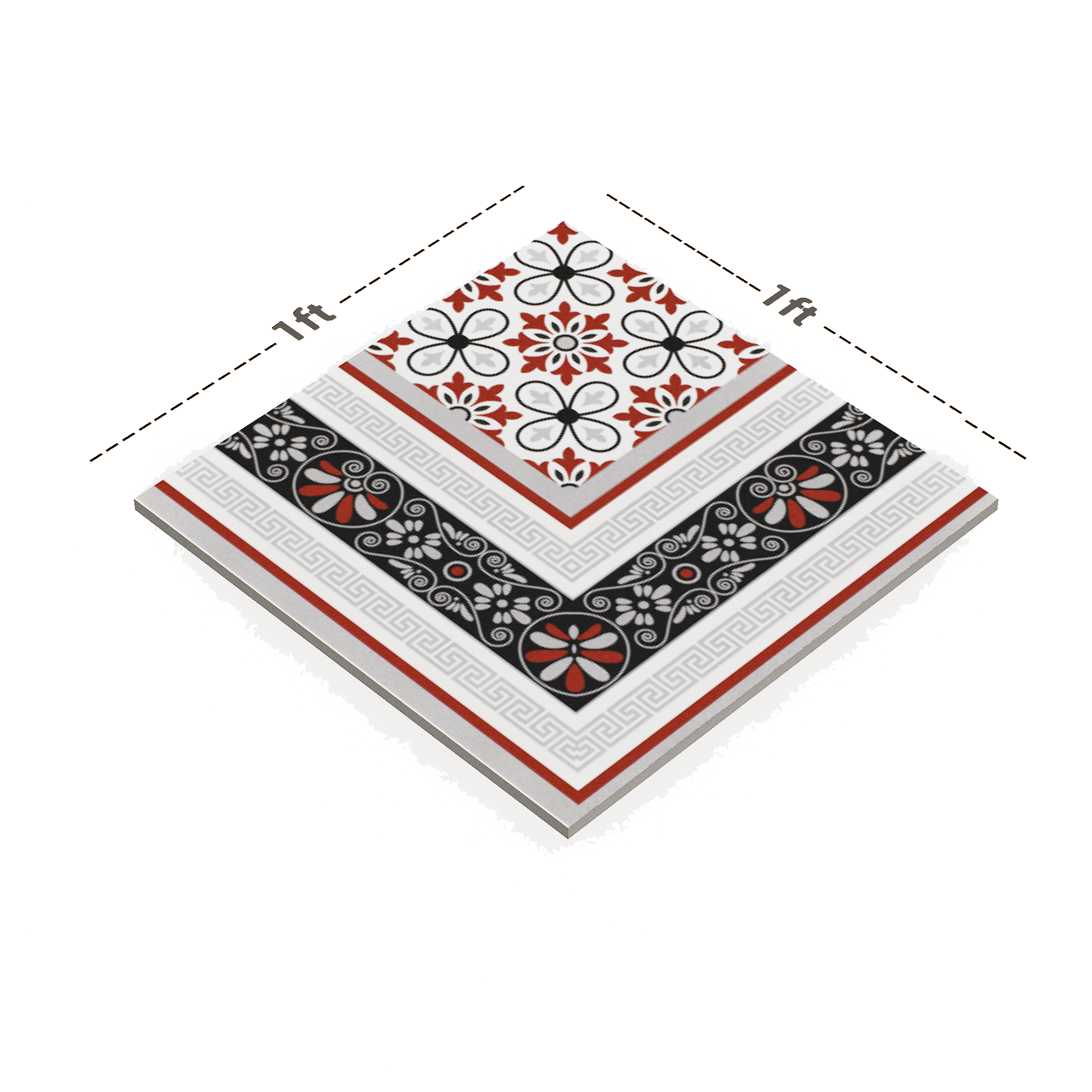 Dimension image of TL 00206 A Pattern 1 Red & White 300 mm x 300 mm Floor & Wall Tile - 9.5 mm | Material Depot