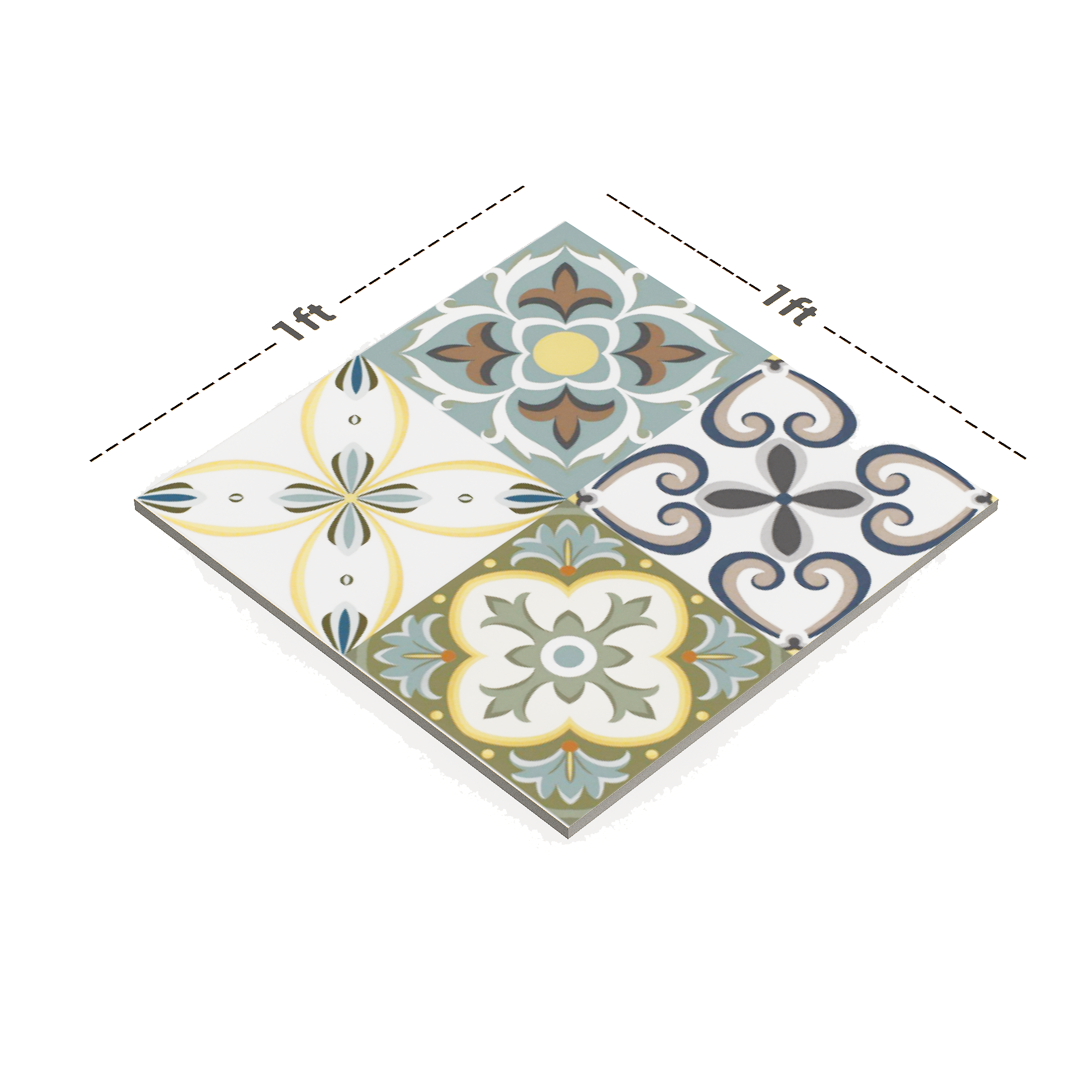 Dimension image of TL 00304 Yellow & Blue Matte Finish 12 x 12 inch Moroccan Ceramic Glazed Vitrified Wall & Floor Tile - 12 mm | Material Depot