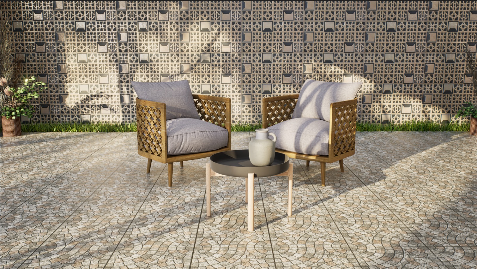 Serene Outdoor Patio with Decorative Tiles and Cozy Seating | Material Depot