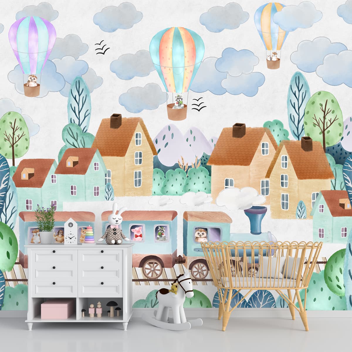 A close-up of a Around the Town, Cute Train Wallpaper Design for Kids, Customised Sparkla N Shine Series Entertainment Design (Customised Size Wallpaper) with a finish available at Material Depot in Bangalore