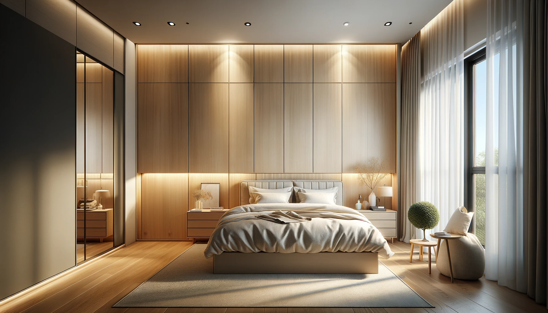 Tranquil Bedroom Haven with Soft Lighting and Natural Wood Tones | Material Depot