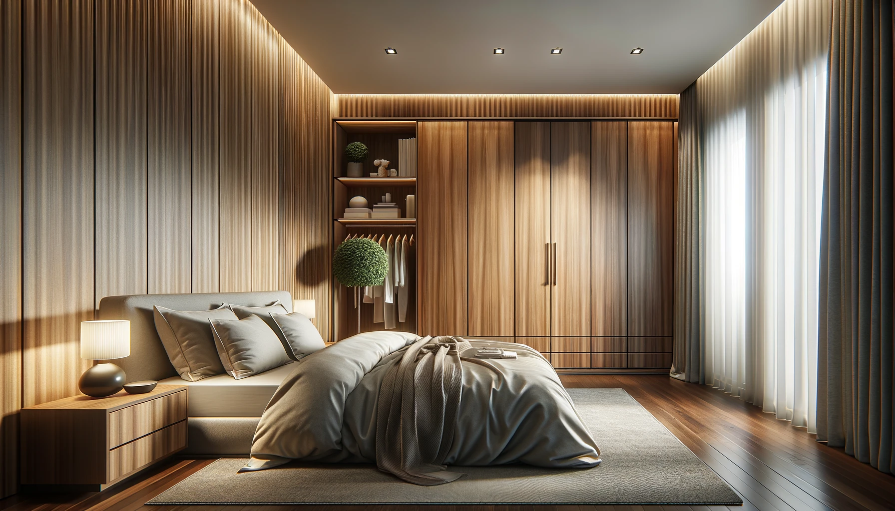 Tranquil Bedroom Retreat with Warm Wood Tones and Accent Lighting | Material Depot