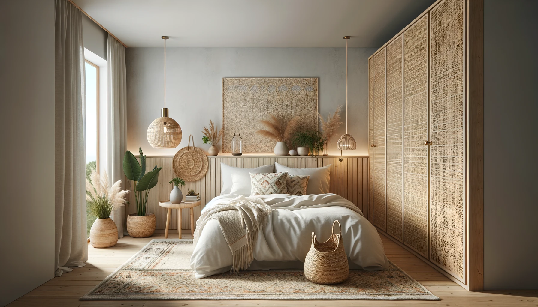 Tranquil Bohemian Bedroom: Wicker Elements and Neutral Palette Soothe the Senses | Material Depot