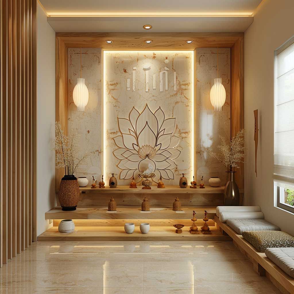 Tranquil Pooja Room with Lotus Motif and Warm Lighting | Material Depot