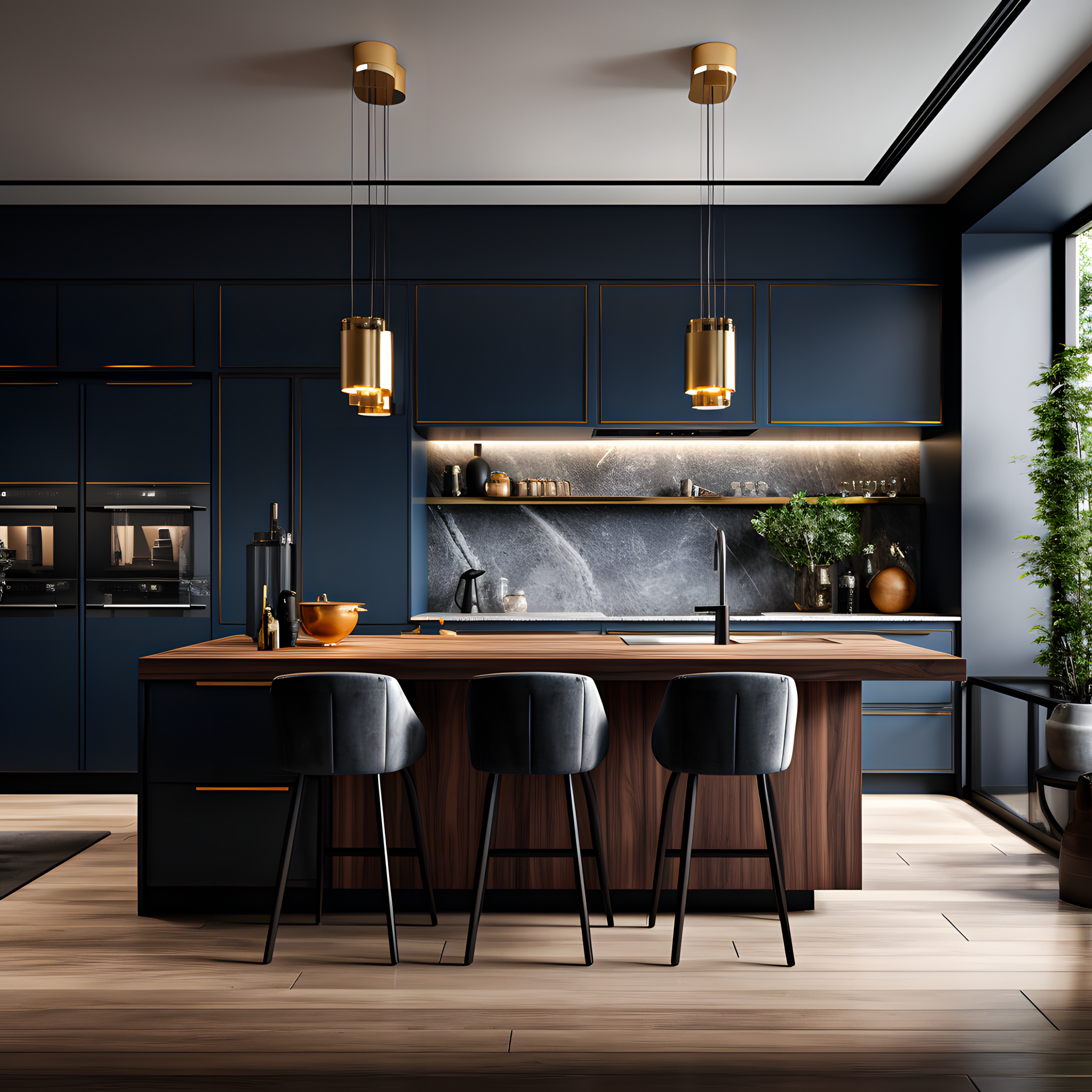 Trendy Kitchen With Matte Blue Cabinets | Material Depot