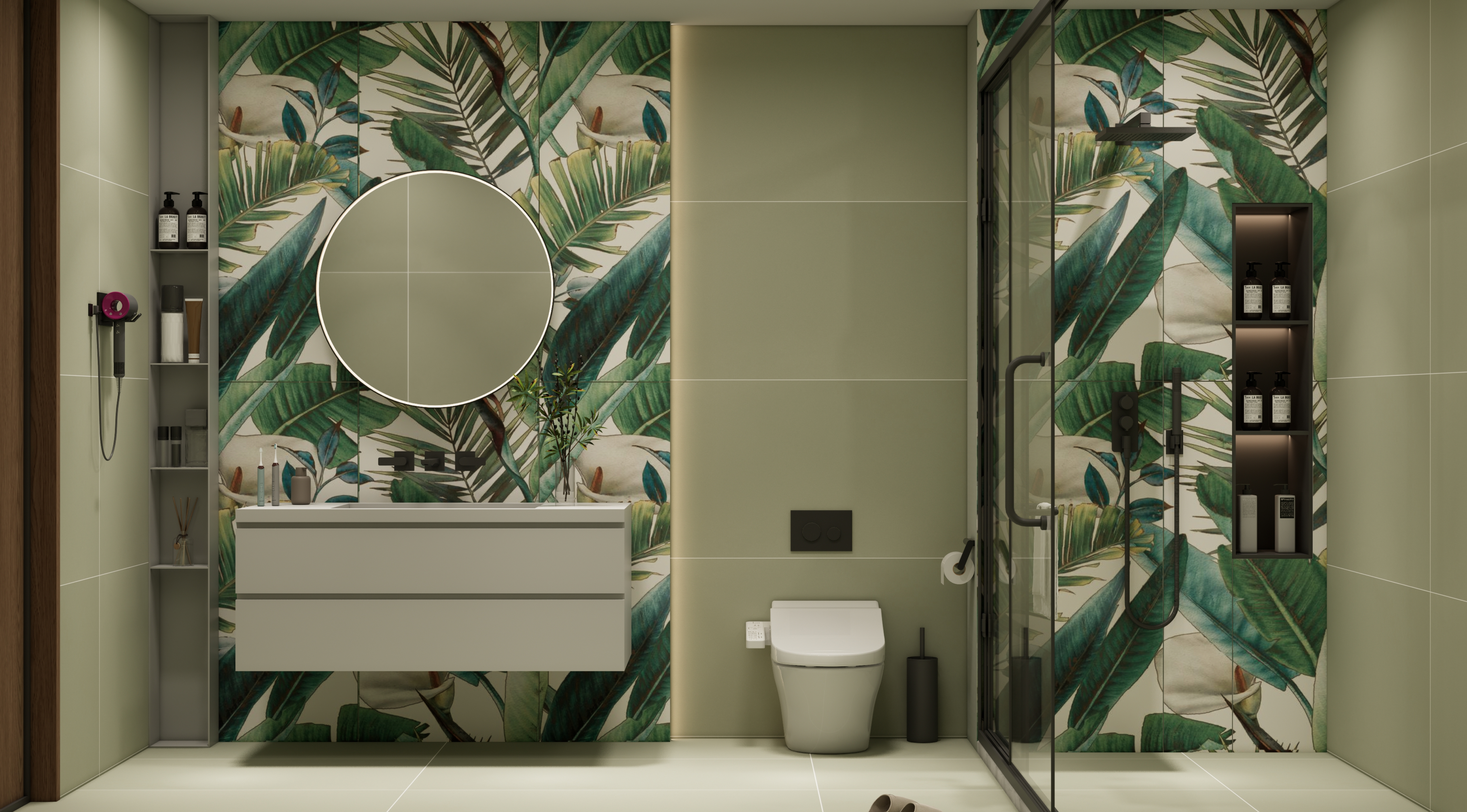 Tropical Botanical Highlighter Tiles in a Refreshing Bathroom | Material Depot