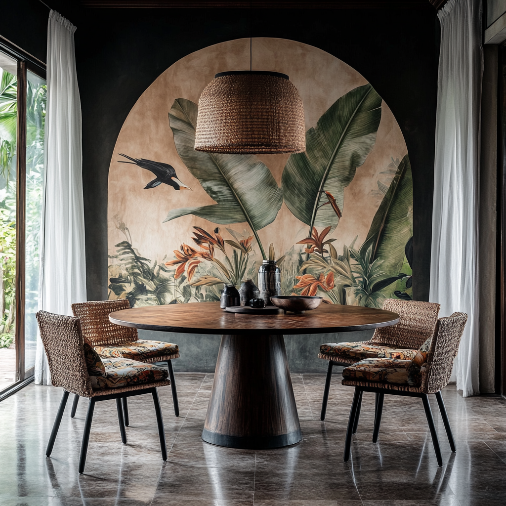 Tropical Dining Space with Botanical Mural and Woven Furniture | Material Depot