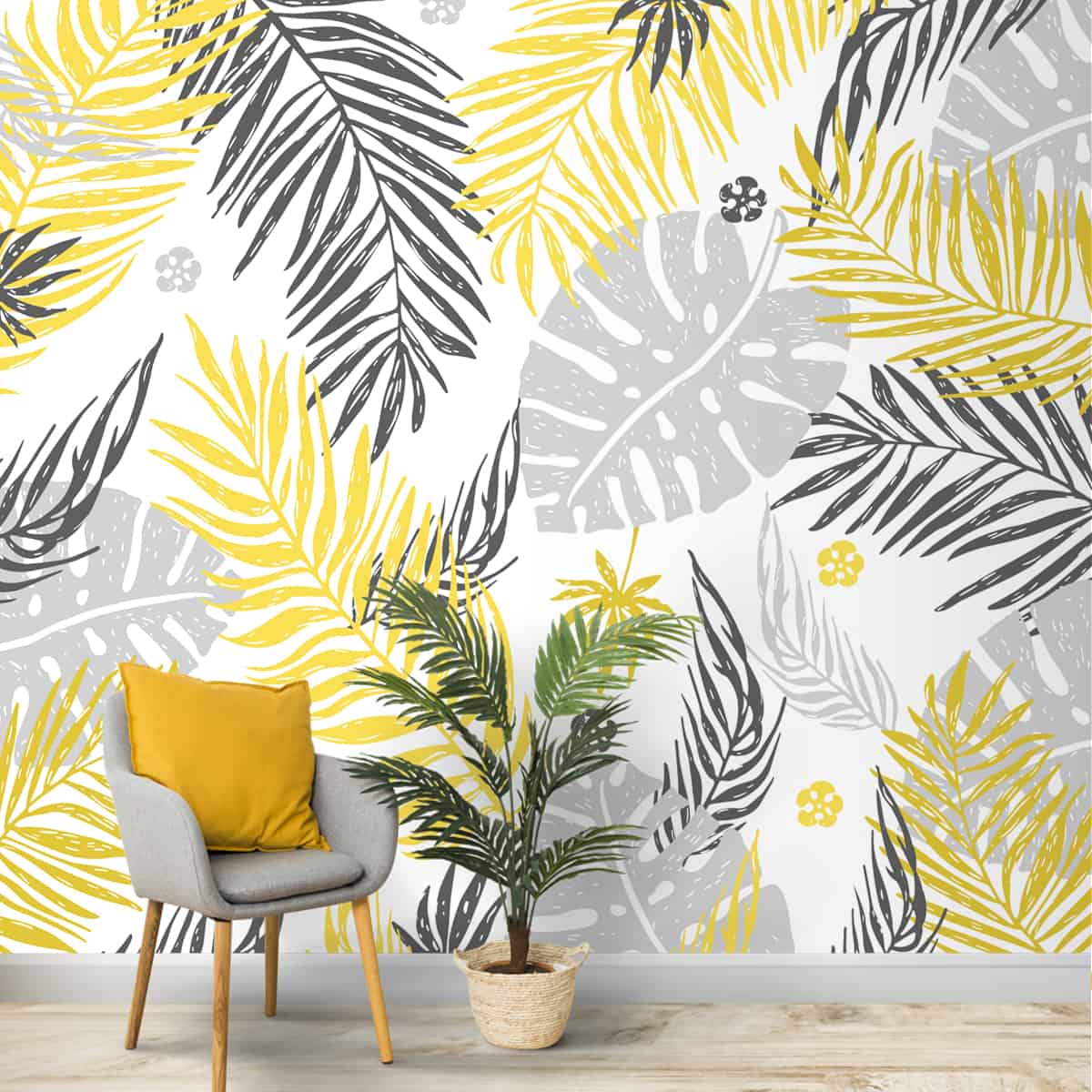 A close-up of a Yellow & Grey Tropical Leaves , Room Wallpaper Indrani Series Soft Feel Tropical Design (Customised Size Wallpaper )available at Material Depot in Bangalore