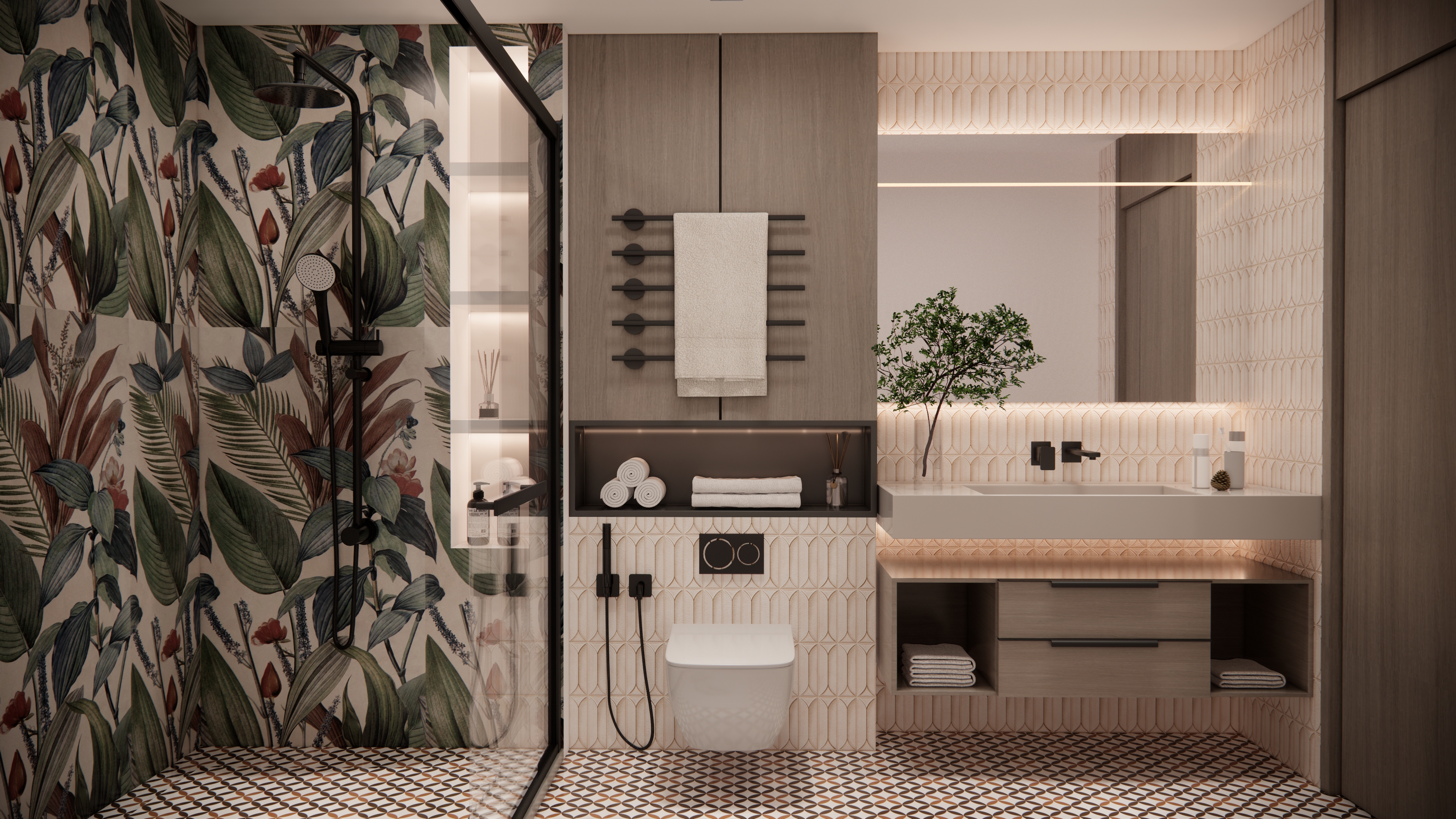 Tropical Inspired Bathroom with Geometric Accents and Warm Wooden Finishes | Material Depot