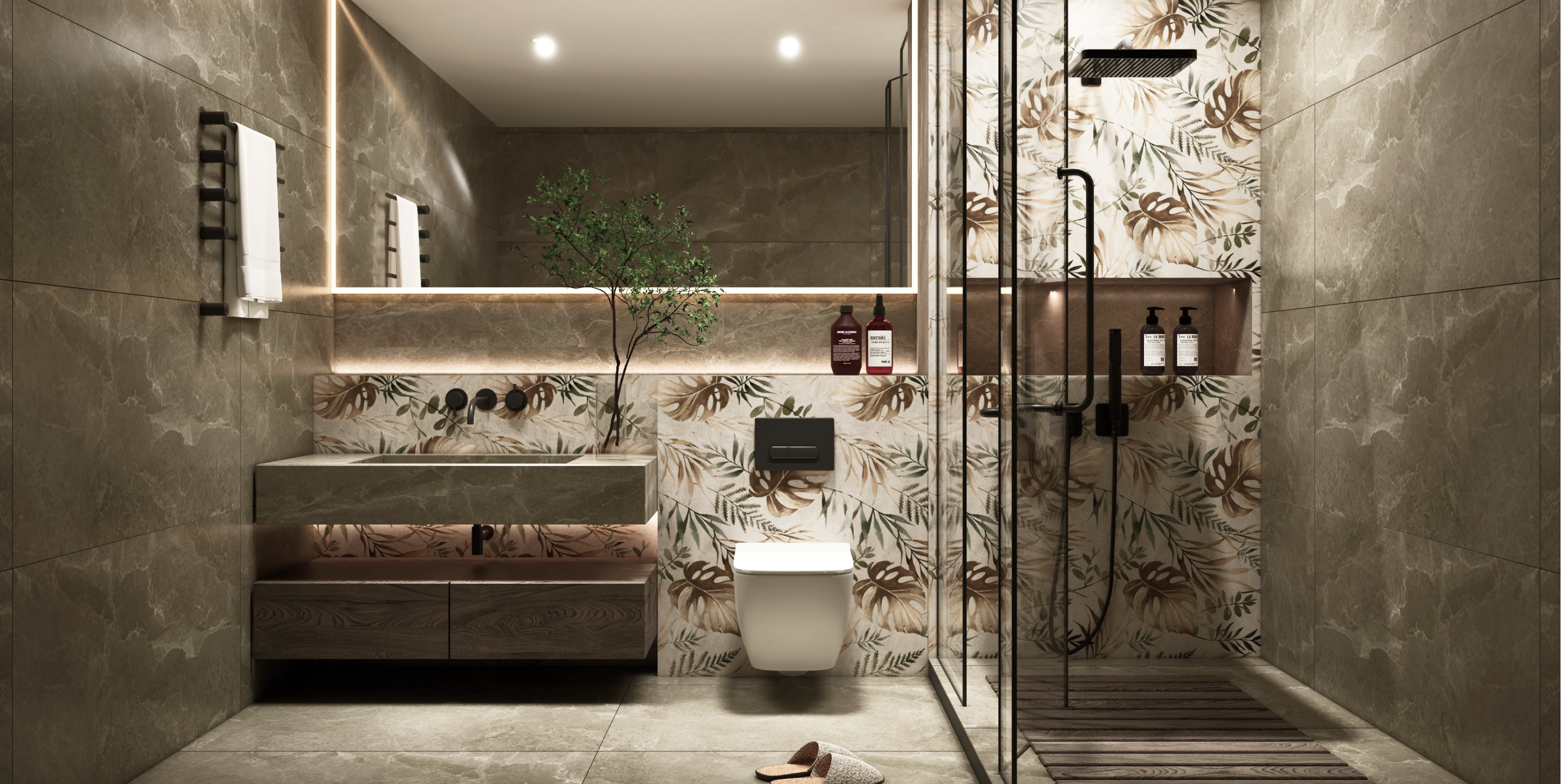 Tropical-Themed Luxury Bathroom with Leaf Pattern Tiles and Wooden Vanity | Material Depot