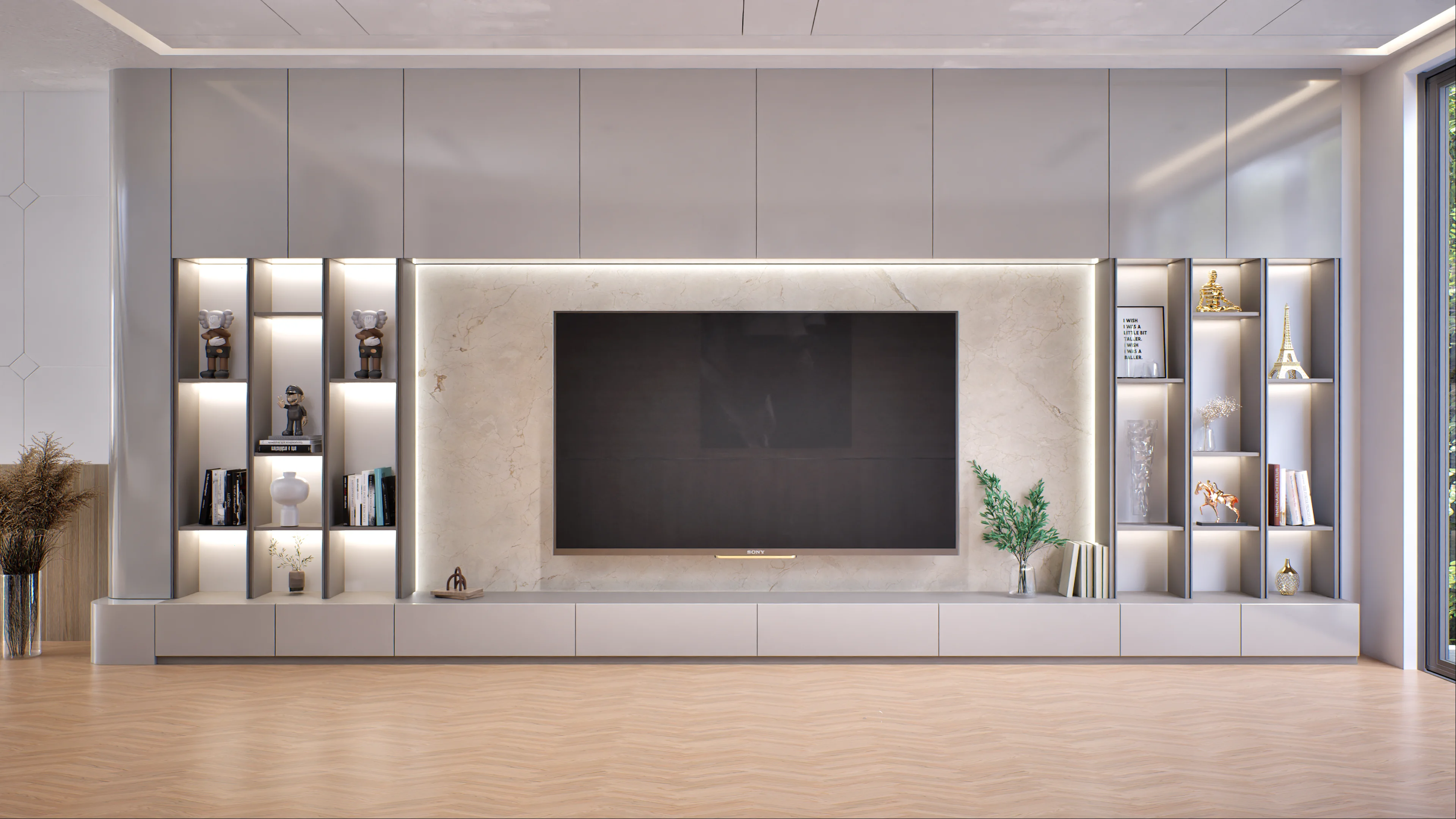 TV Wall Unit with Acrylic Marble Accent and Built-in Shelving | Material Depot