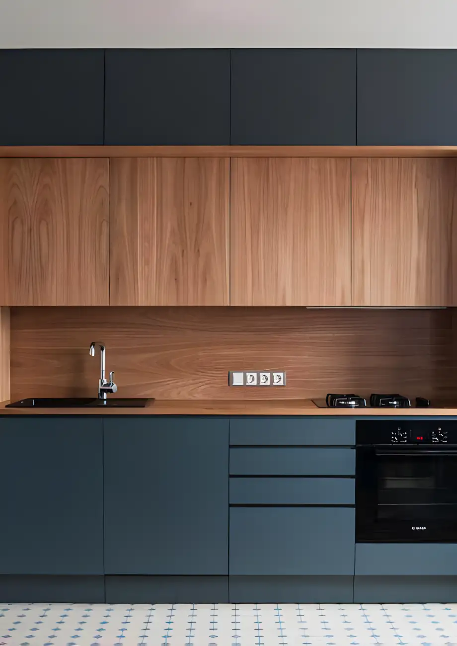 Two-Tone Kitchen with Dark Blue and Wood Finish | Material Depot