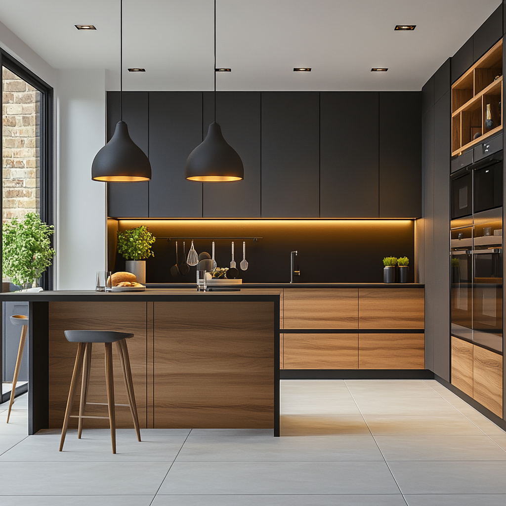 Understated Elegance: Modern Kitchen Design Blending Dark Tones with Natural Wood Elements | Material Depot