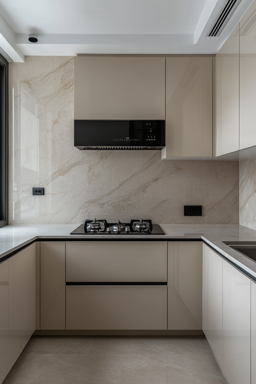 Understated Luxury: Neutral Palette Kitchen with Marble Backsplash and Sophisticated Details | Material Depot