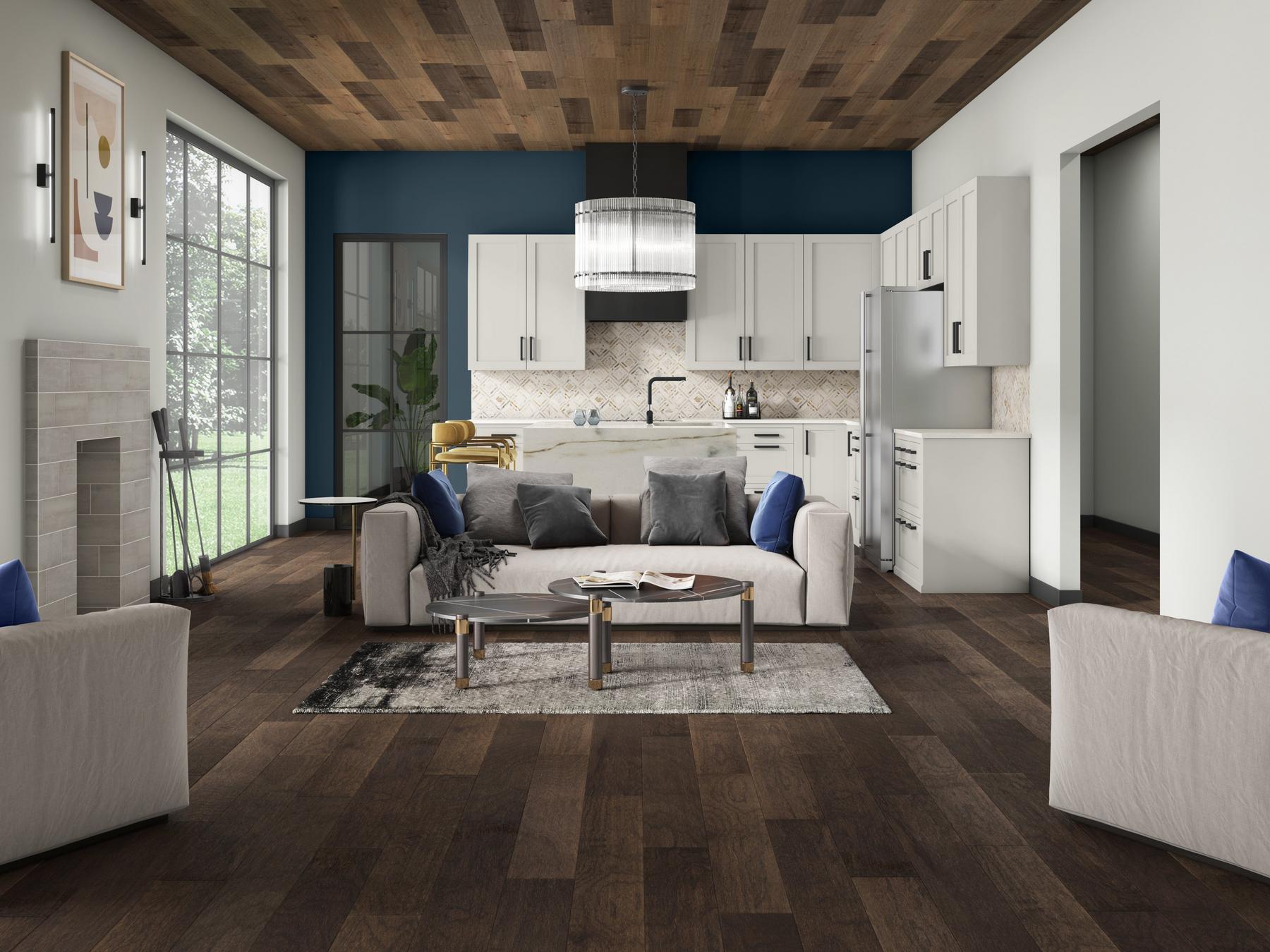 Living room with wenge laminate flooring and ceiling